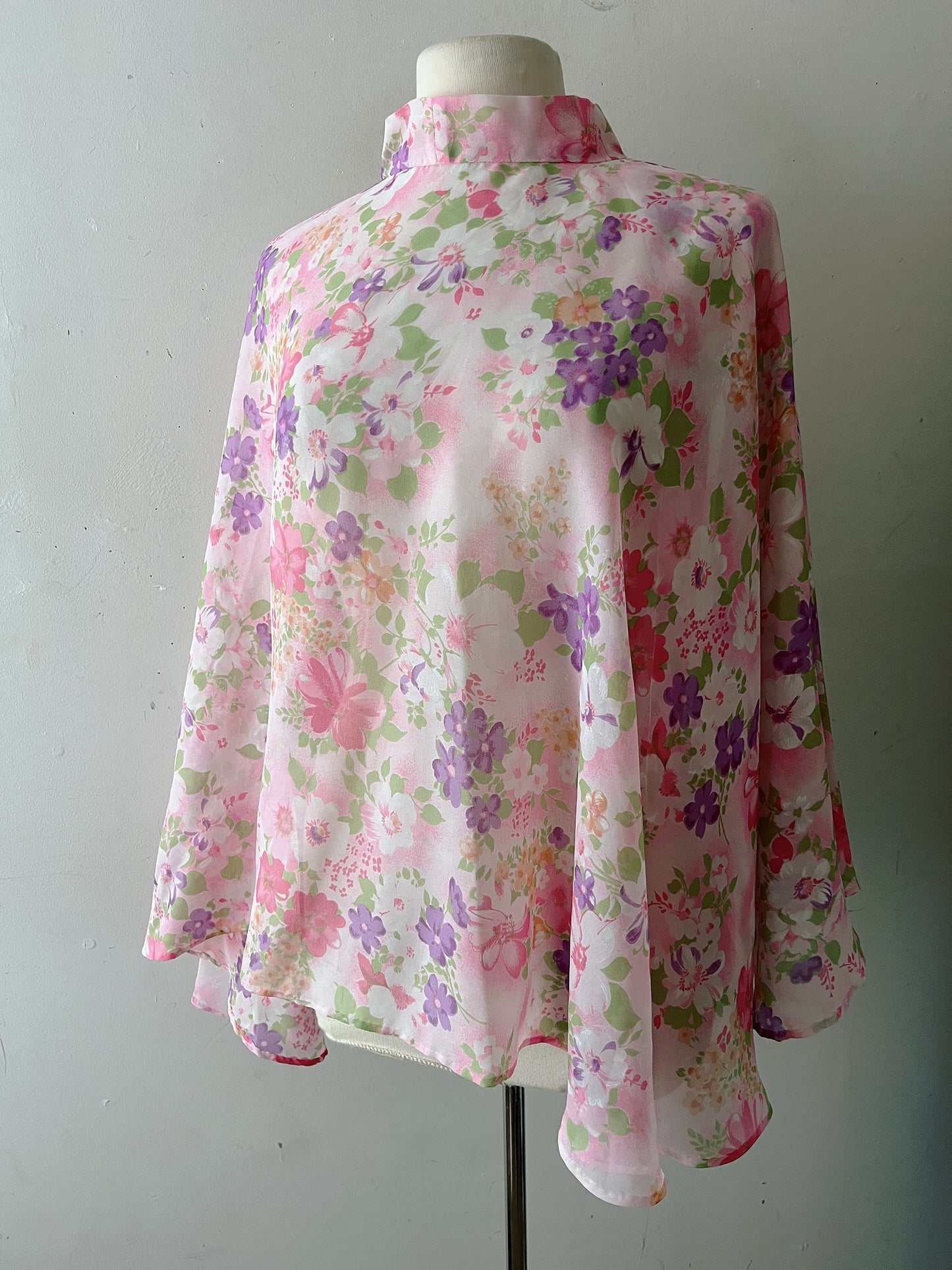 Pink Watercolor Floral Chiffon Tie-Neck Cape| One Size