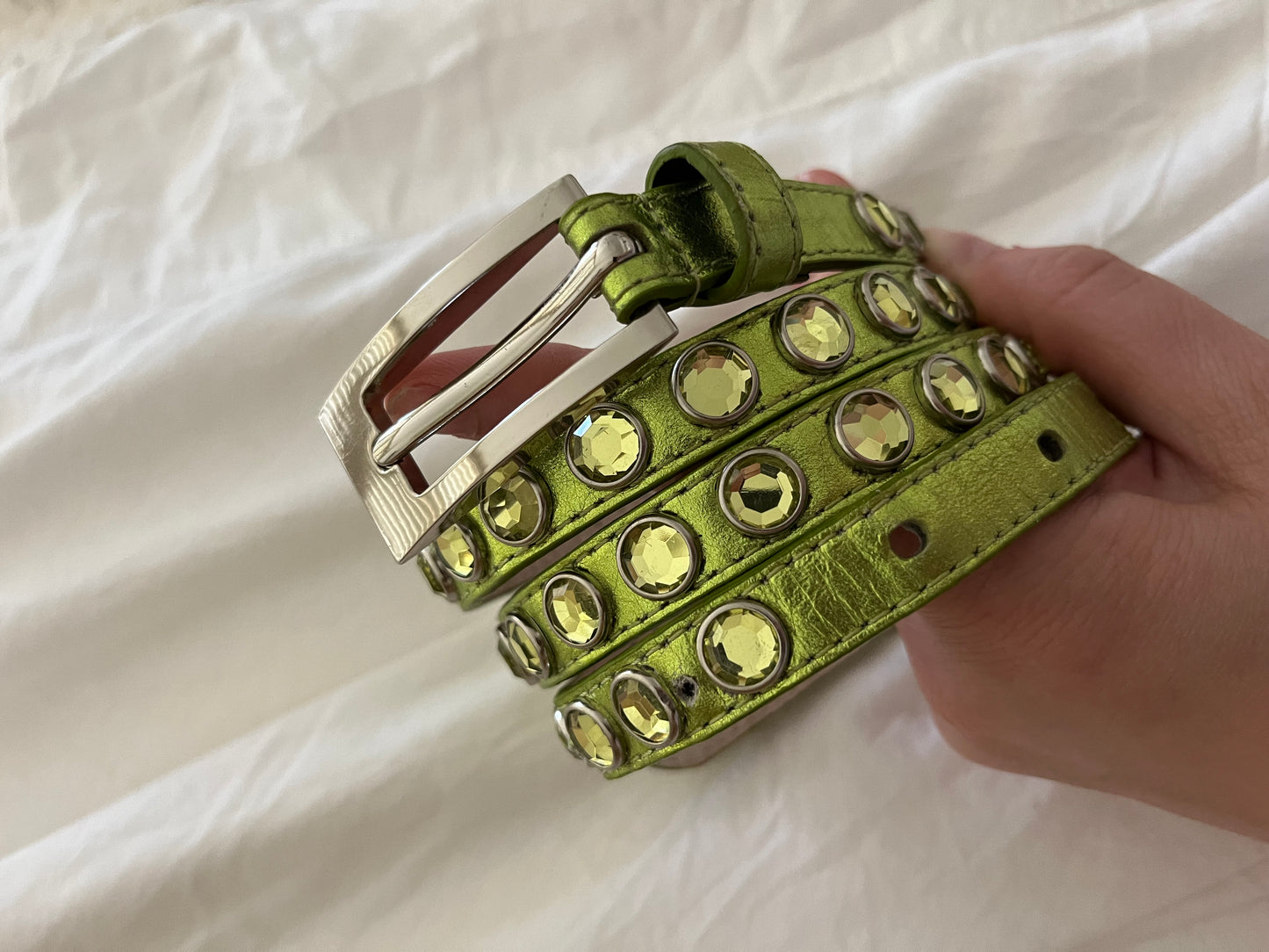 Jeweled Acid Green Leather Belt