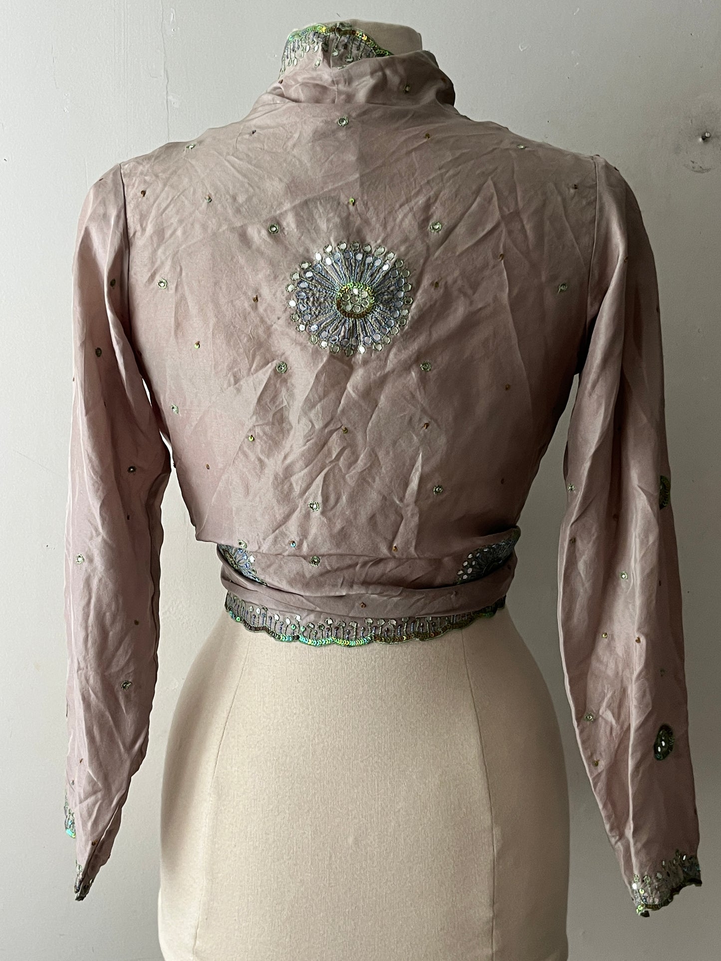 Silk Gray Taupe Mirror Embroidered Wrap Top| S/M