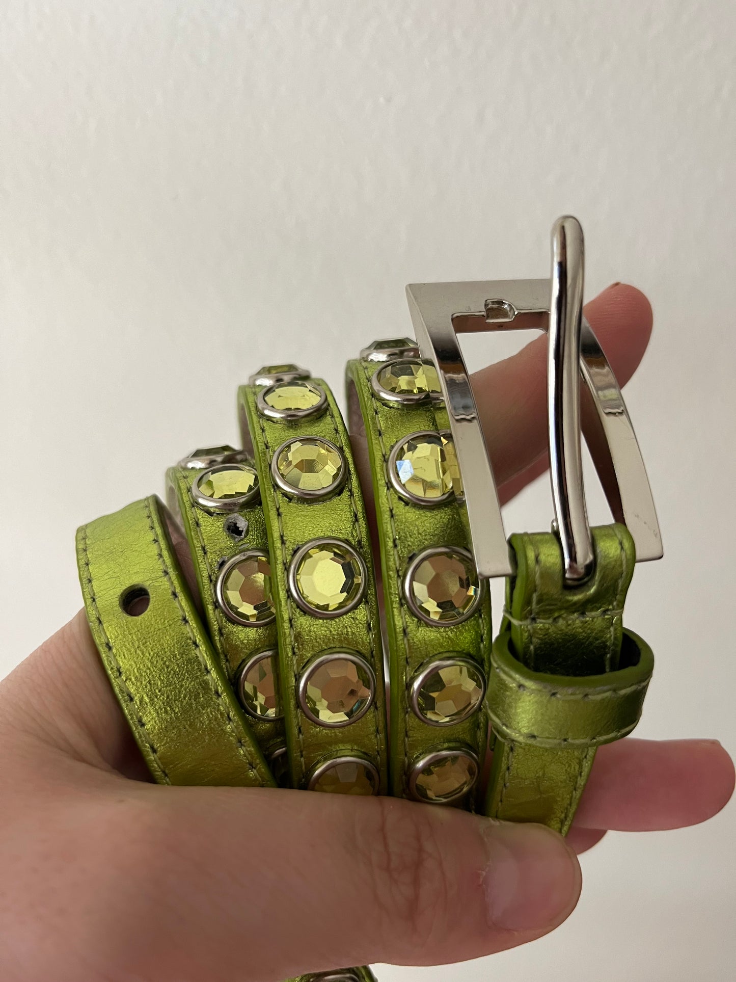 Jeweled Acid Green Leather Belt