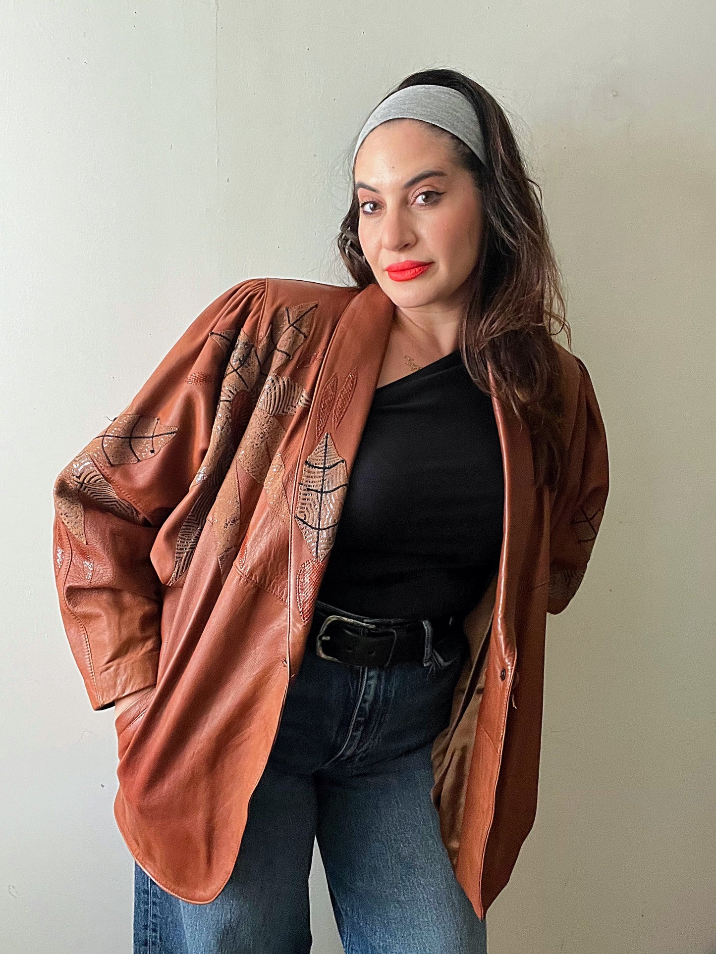 Floral Patched Leather Jacket| Large