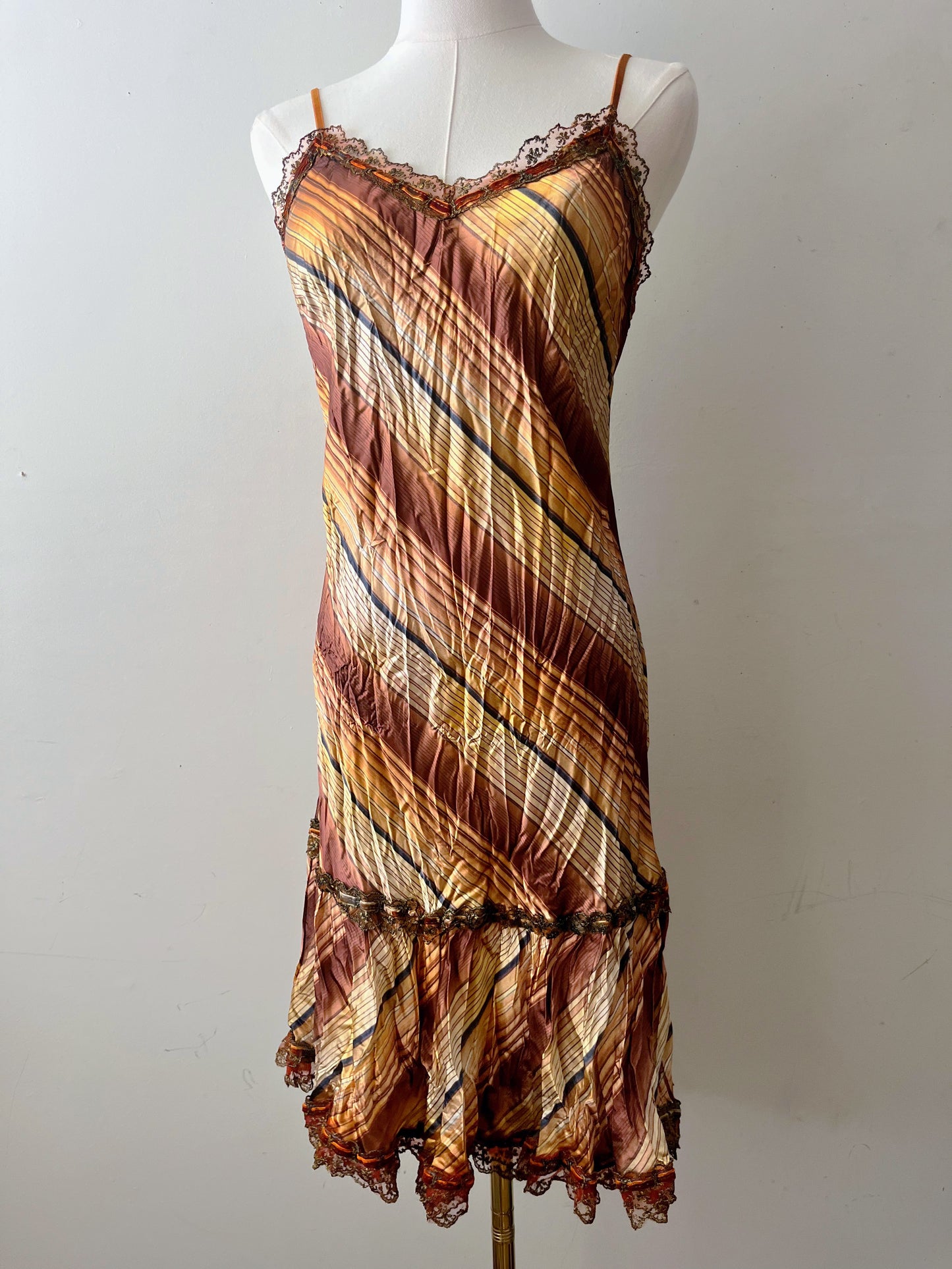 Satin Crinkle Striped Slip Dress Warm Honey| M/L