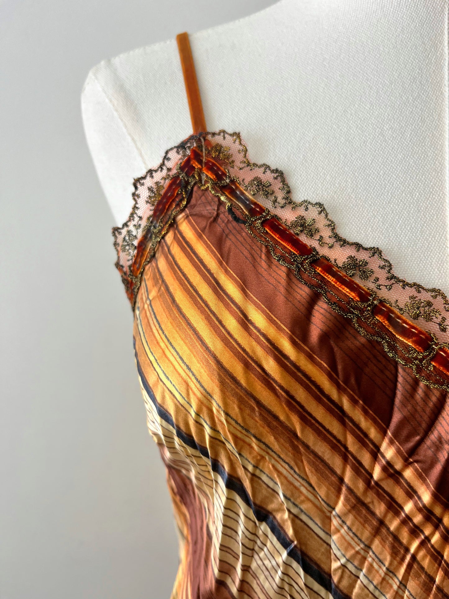 Satin Crinkle Striped Slip Dress Warm Honey| M/L