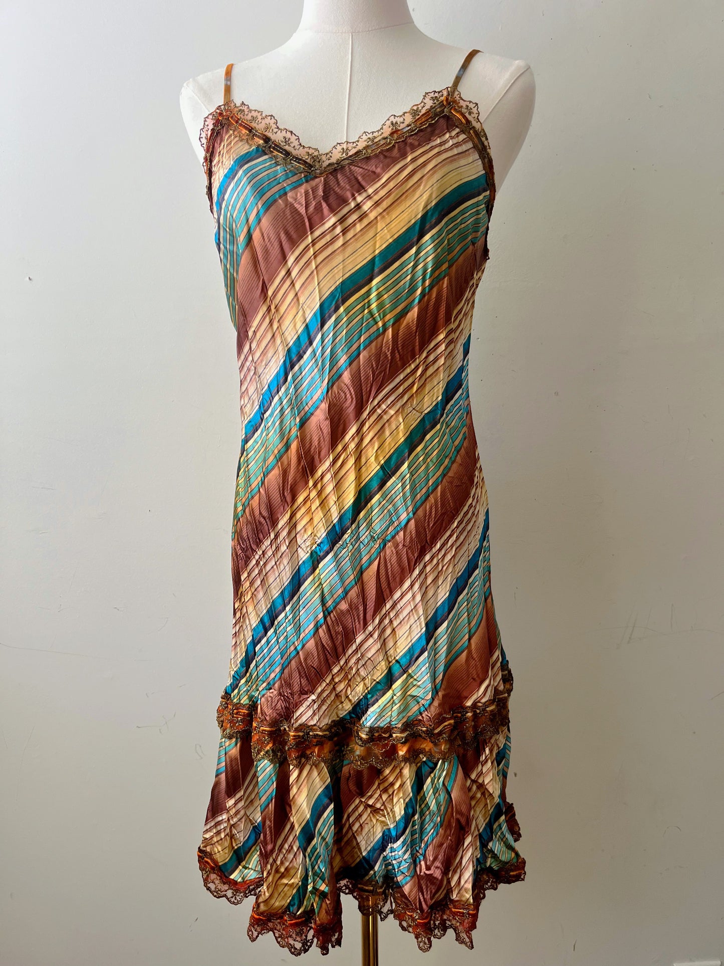 Satin Crinkle Striped Slip Dress Turquoise Honey| S/M
