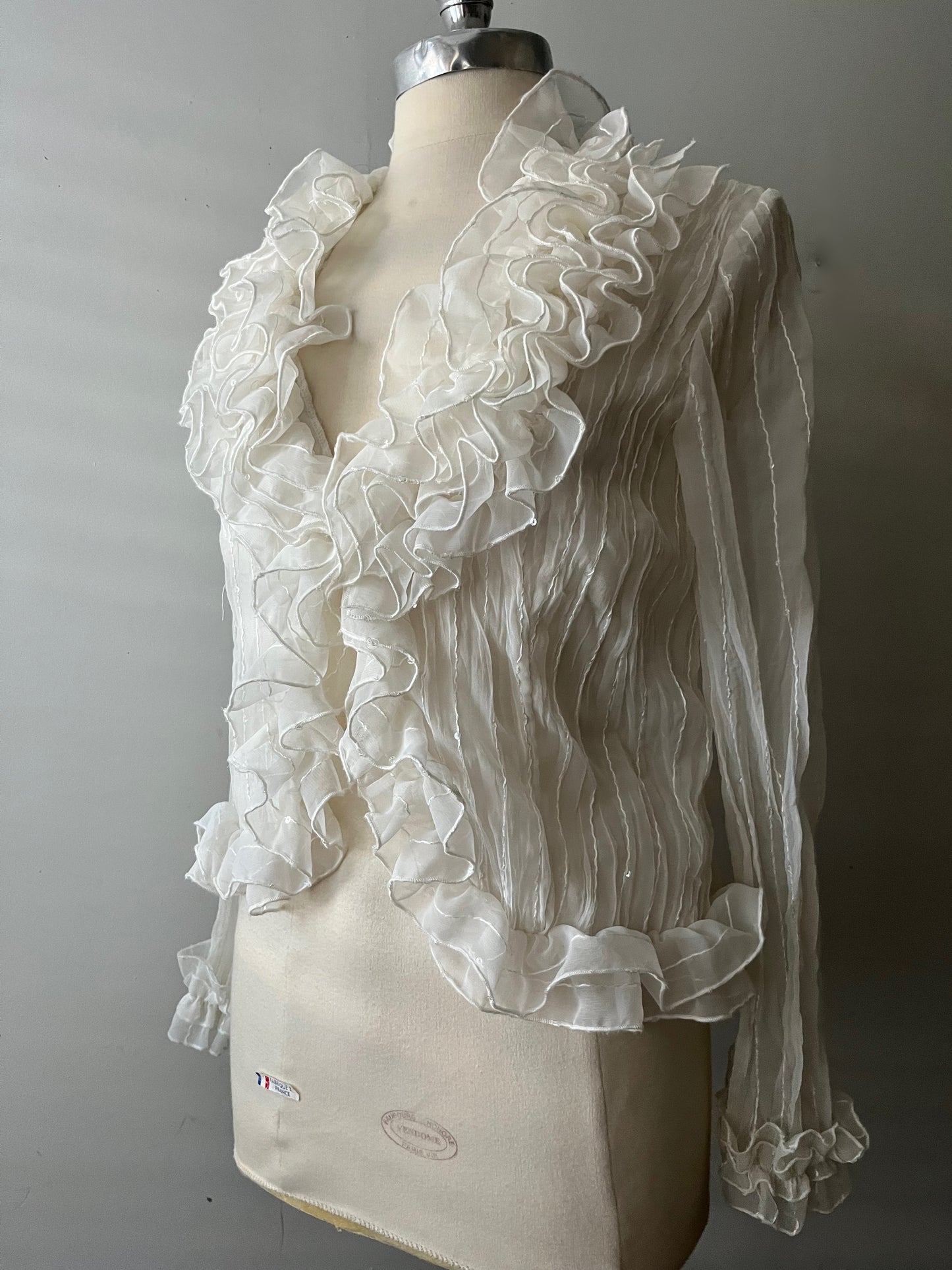 Cream Micro Sequined Ruffle Blouse| S/M
