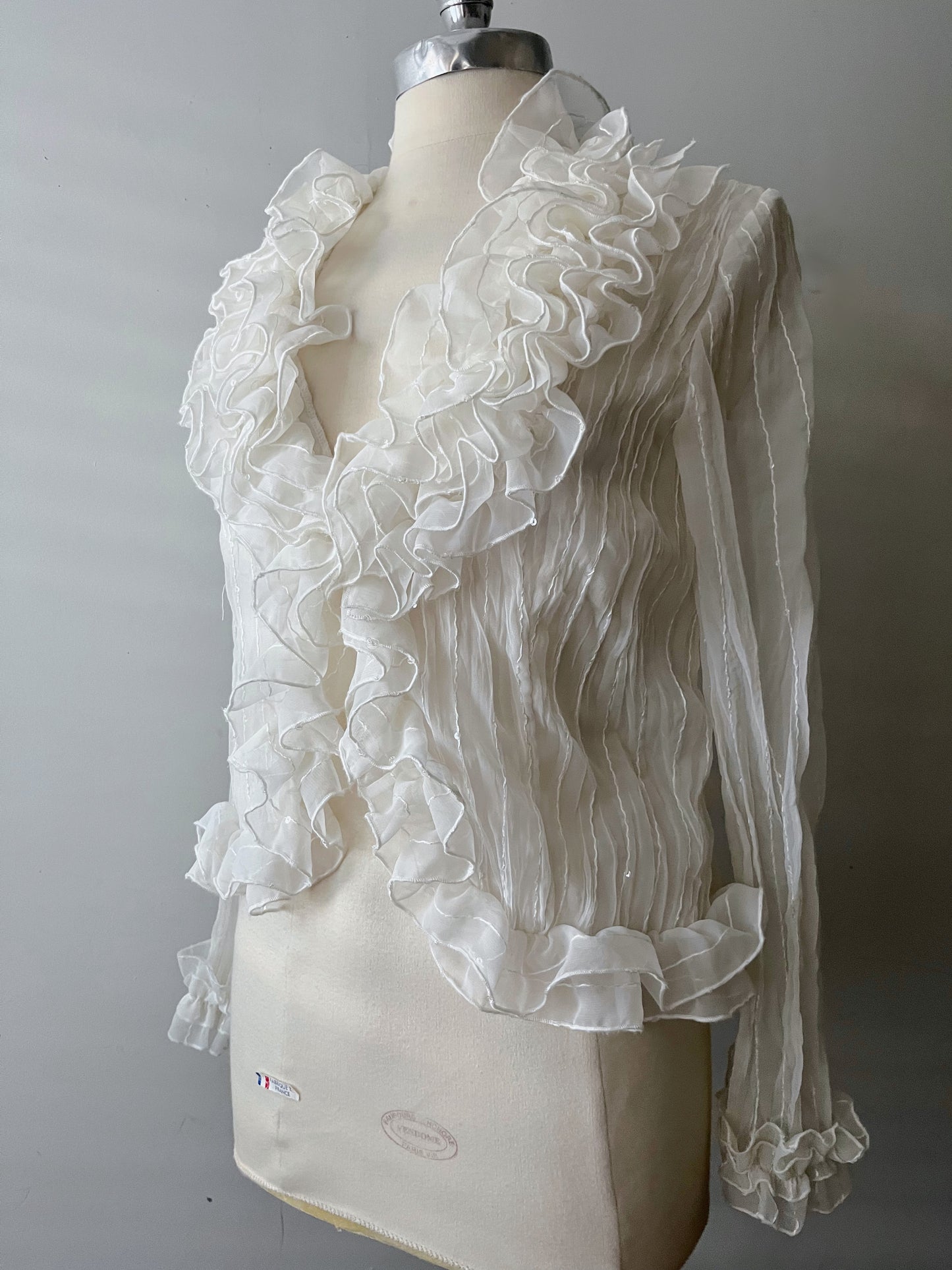 Cream Micro Sequined Ruffle Blouse| S/M