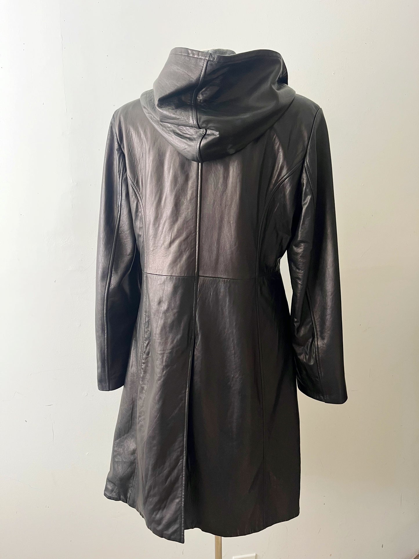 Hooded Leather Coat Jacket| M/L