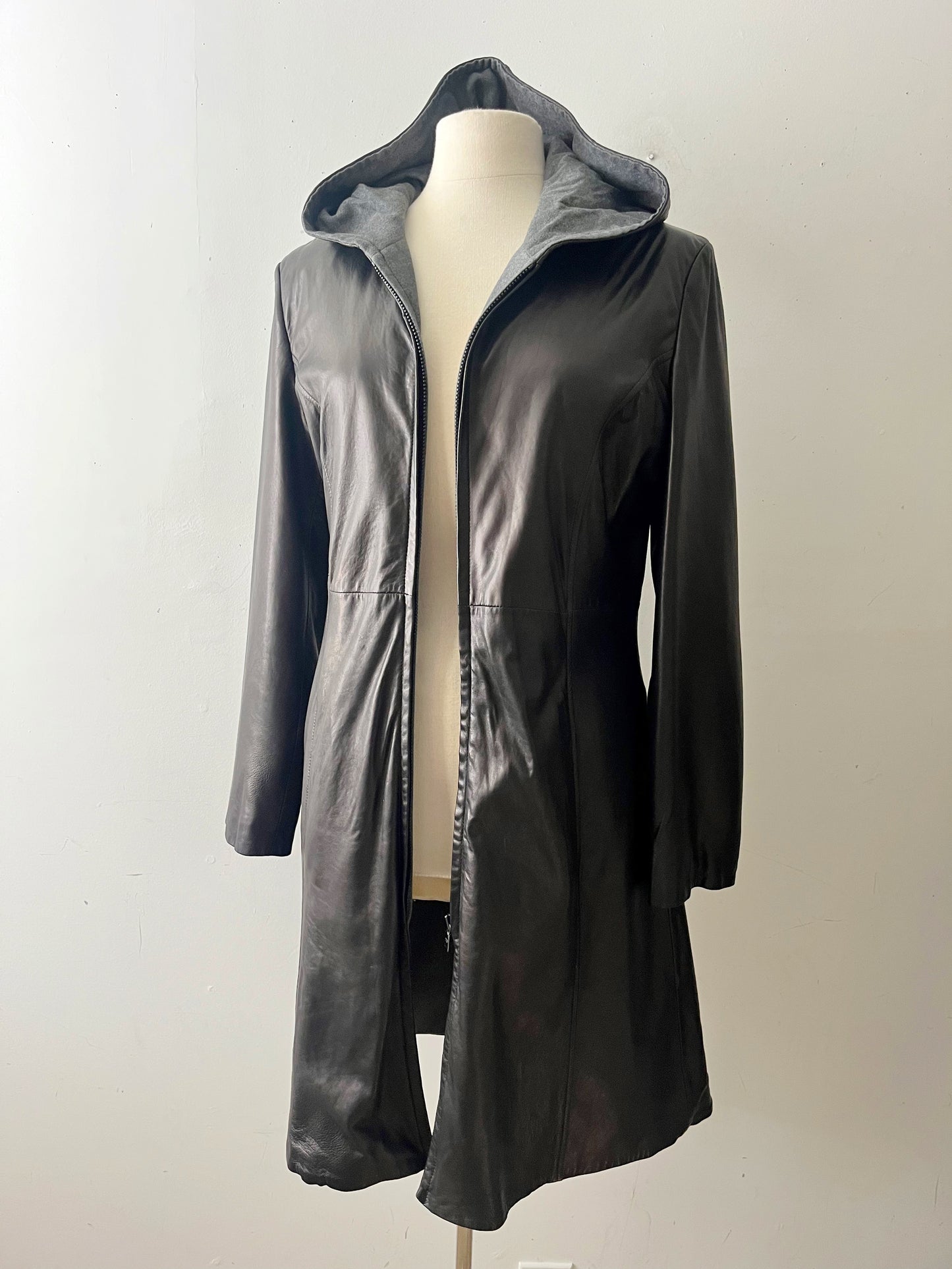 Hooded Leather Coat Jacket| M/L