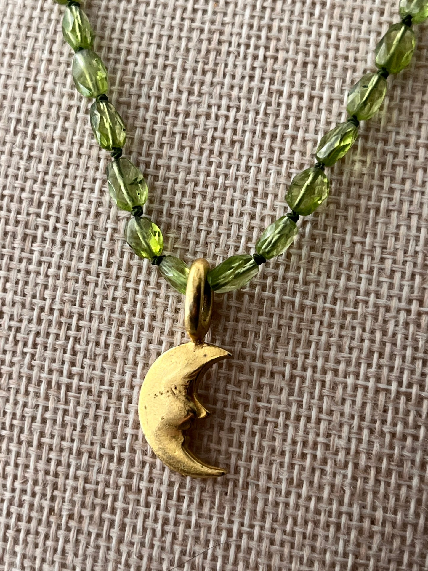 Celestial Moon & Green Peridot Silk Knotted Necklace