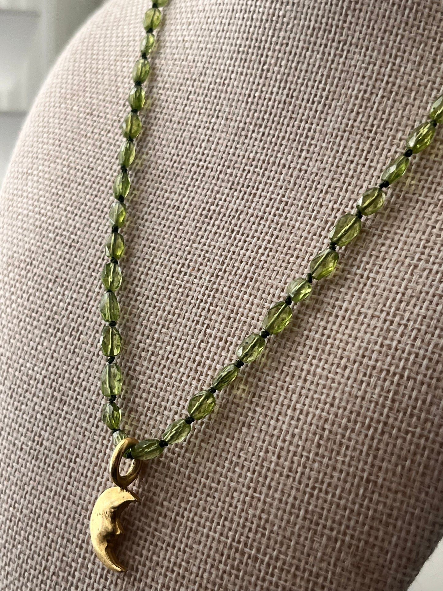 Celestial Moon & Green Peridot Silk Knotted Necklace