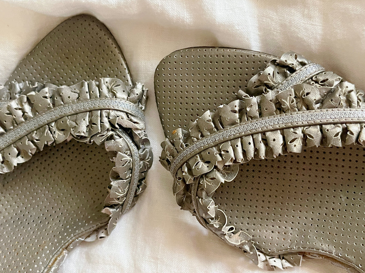 Bottega Veneta Silver Ruffled Leather Slide Sandals