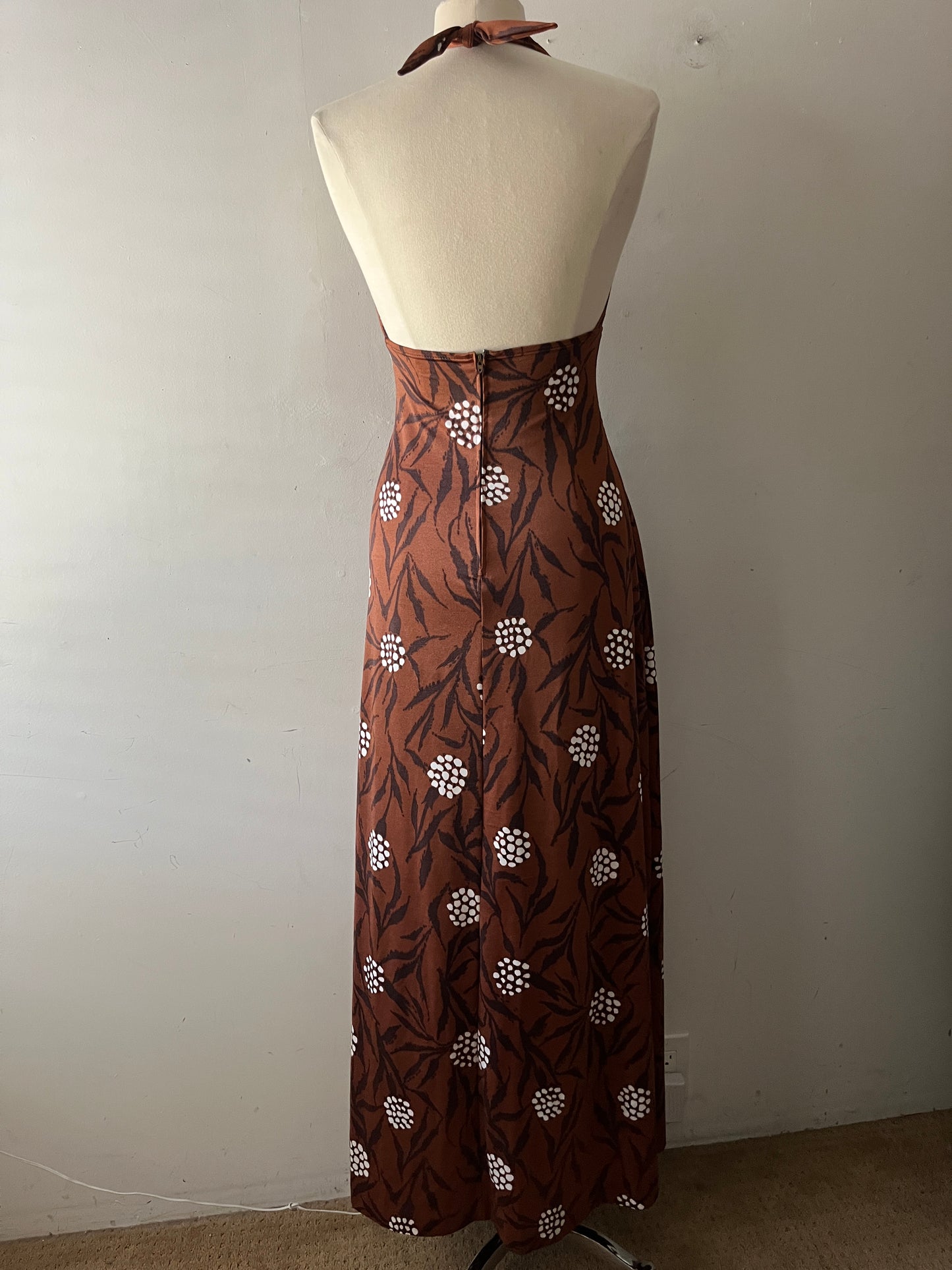 70s Copper Brown Floral Leaf Print Halter Maxi Dress| S/M