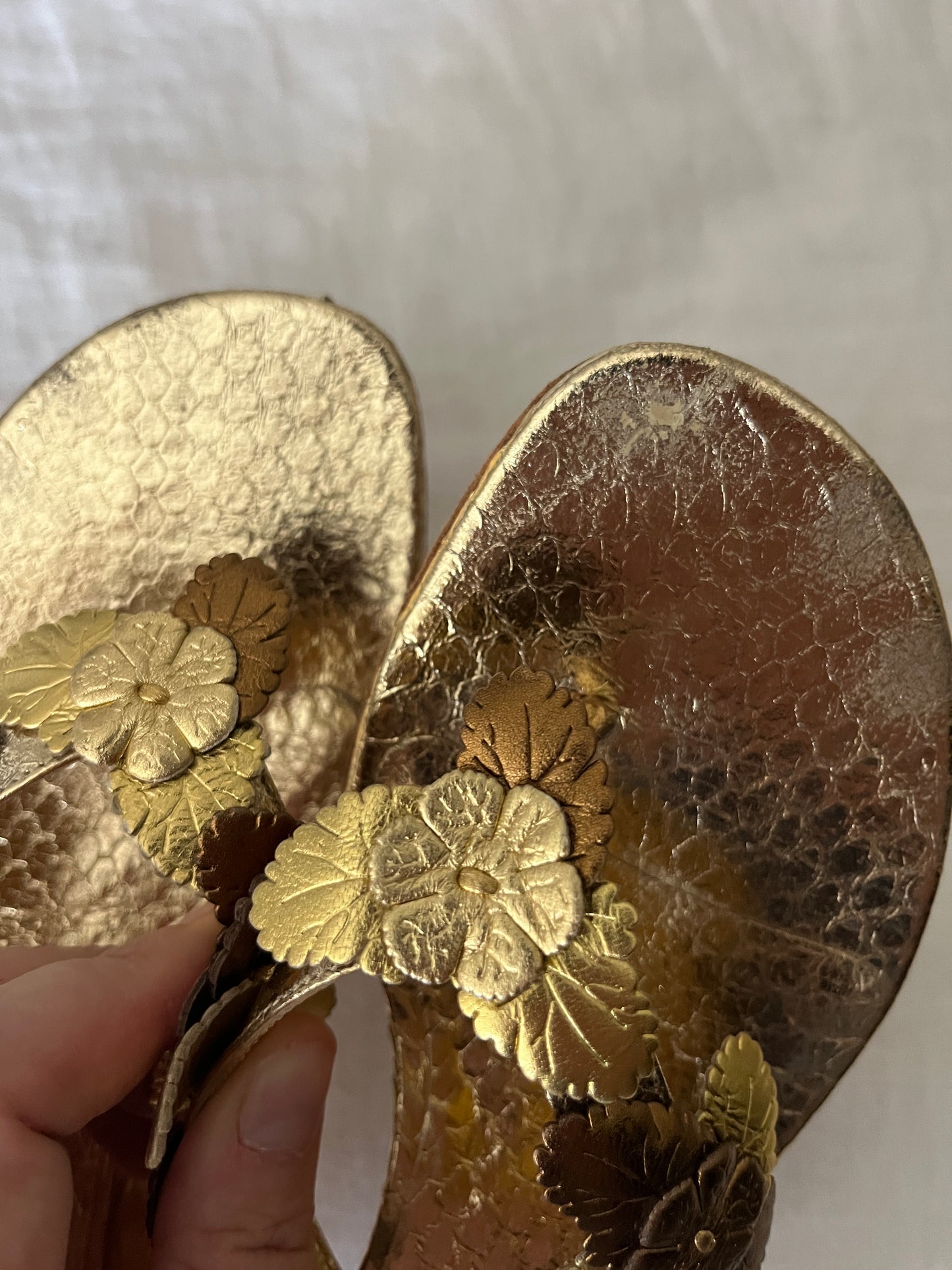 Manolo Blahnik Gold Flower Thong Kitten Heel Sandals