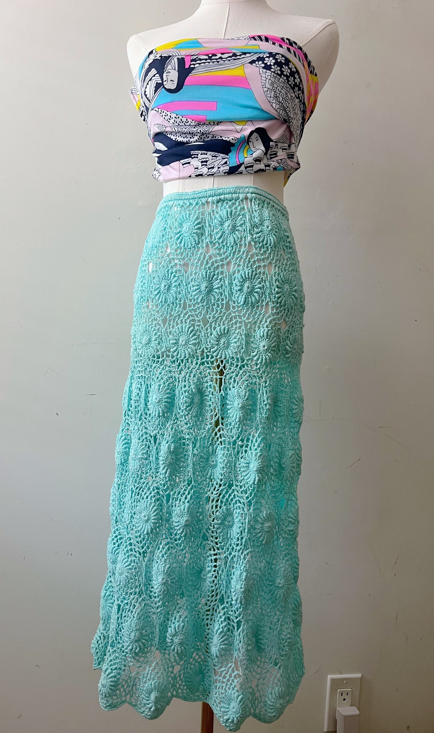 Hand Crochet Midi Aqua Scallop Skirt| One Size