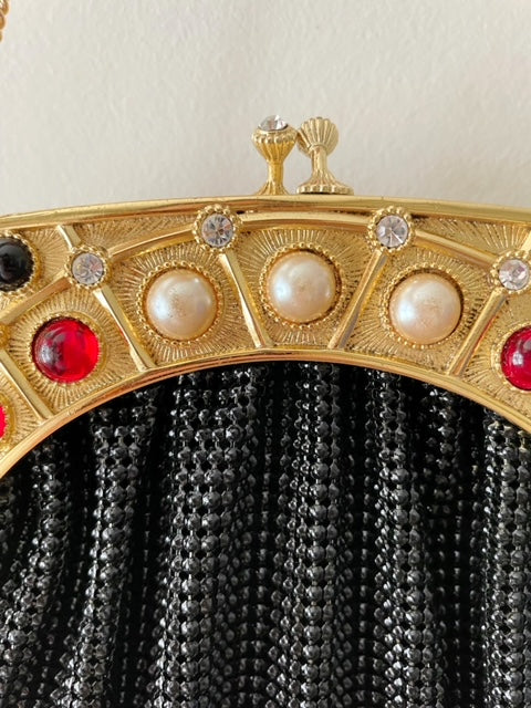 Whiting & Davis Rhinestone Pearl Cab Evening Crossbody Purse