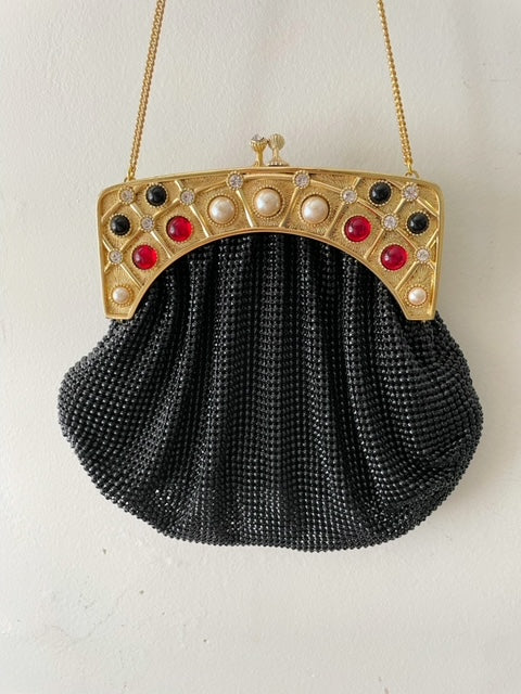 Whiting & Davis Rhinestone Pearl Cab Evening Crossbody Purse