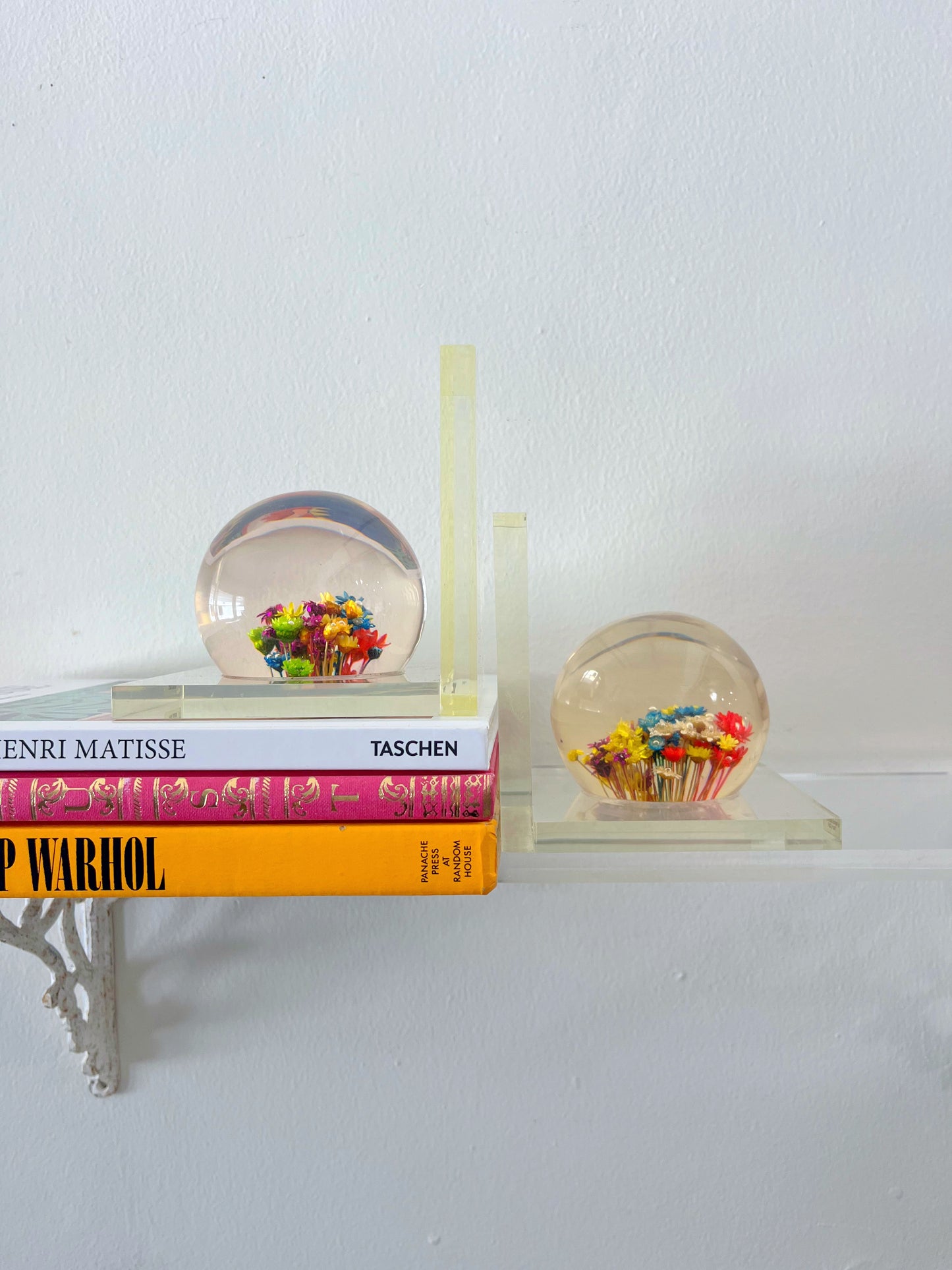 Lucite Floral Orb Bookends