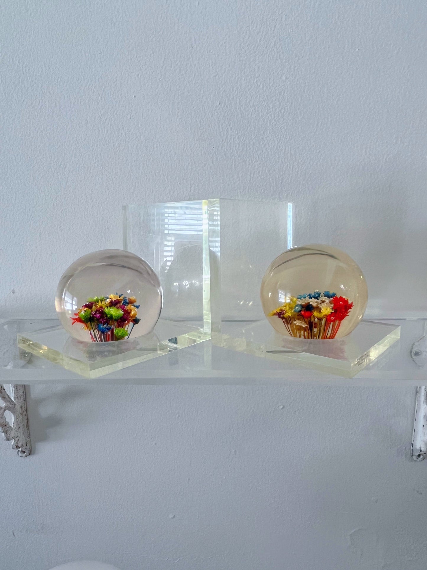 Lucite Floral Orb Bookends