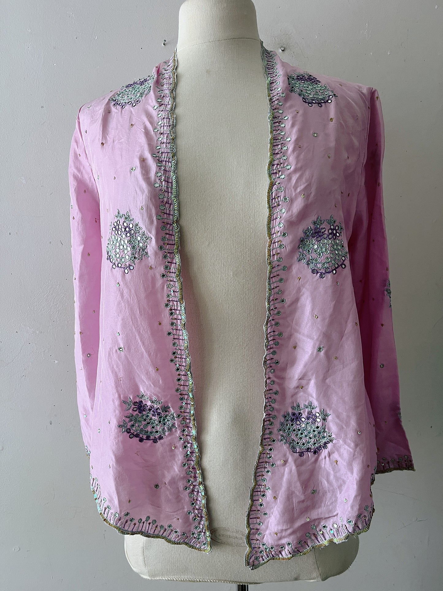 Cool Pink Silk Mirror Embroidered Wrap Top| S/M