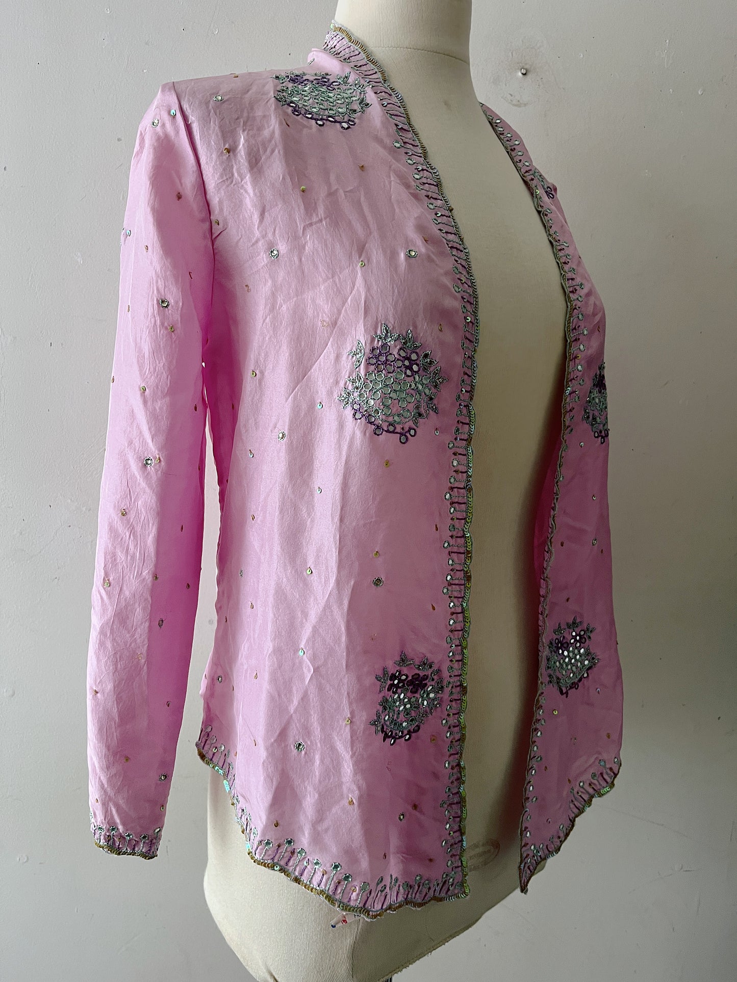 Cool Pink Silk Mirror Embroidered Wrap Top| S/M