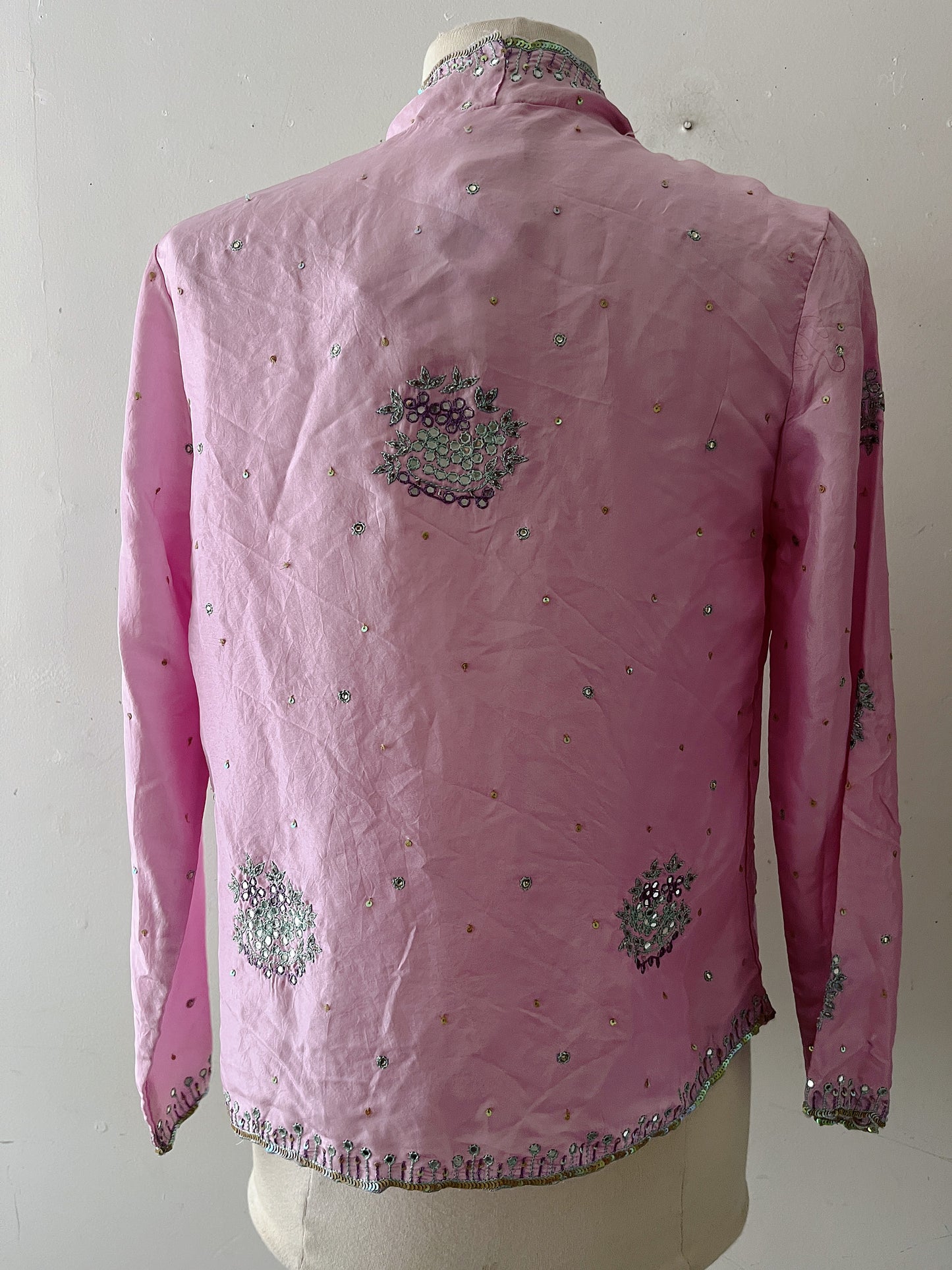 Cool Pink Silk Mirror Embroidered Wrap Top| S/M