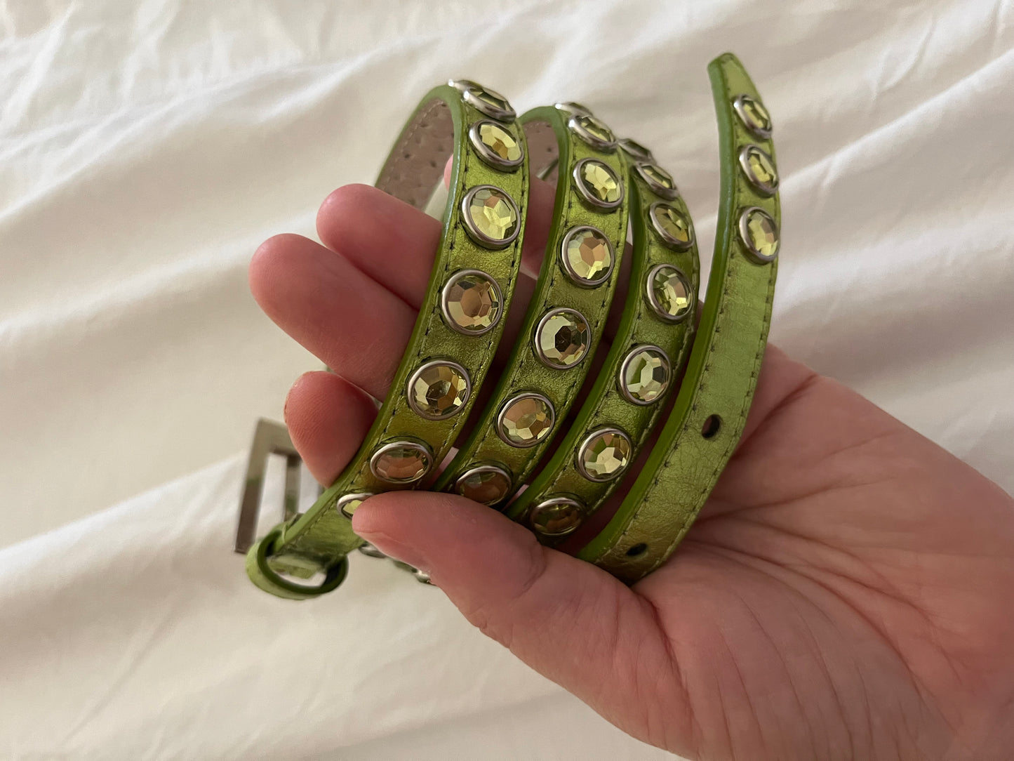 Jeweled Acid Green Leather Belt
