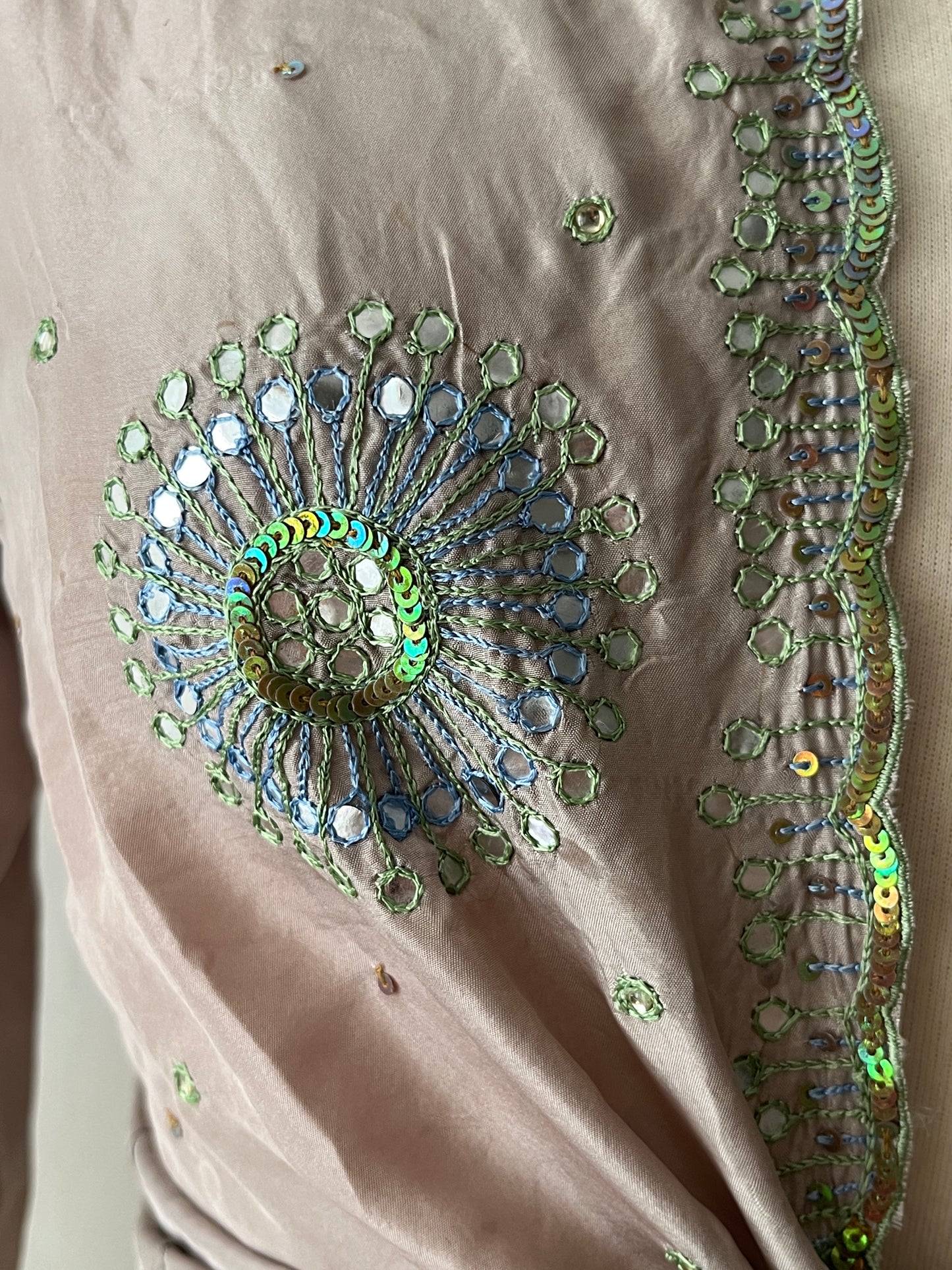 Silk Gray Taupe Mirror Embroidered Wrap Top| S/M
