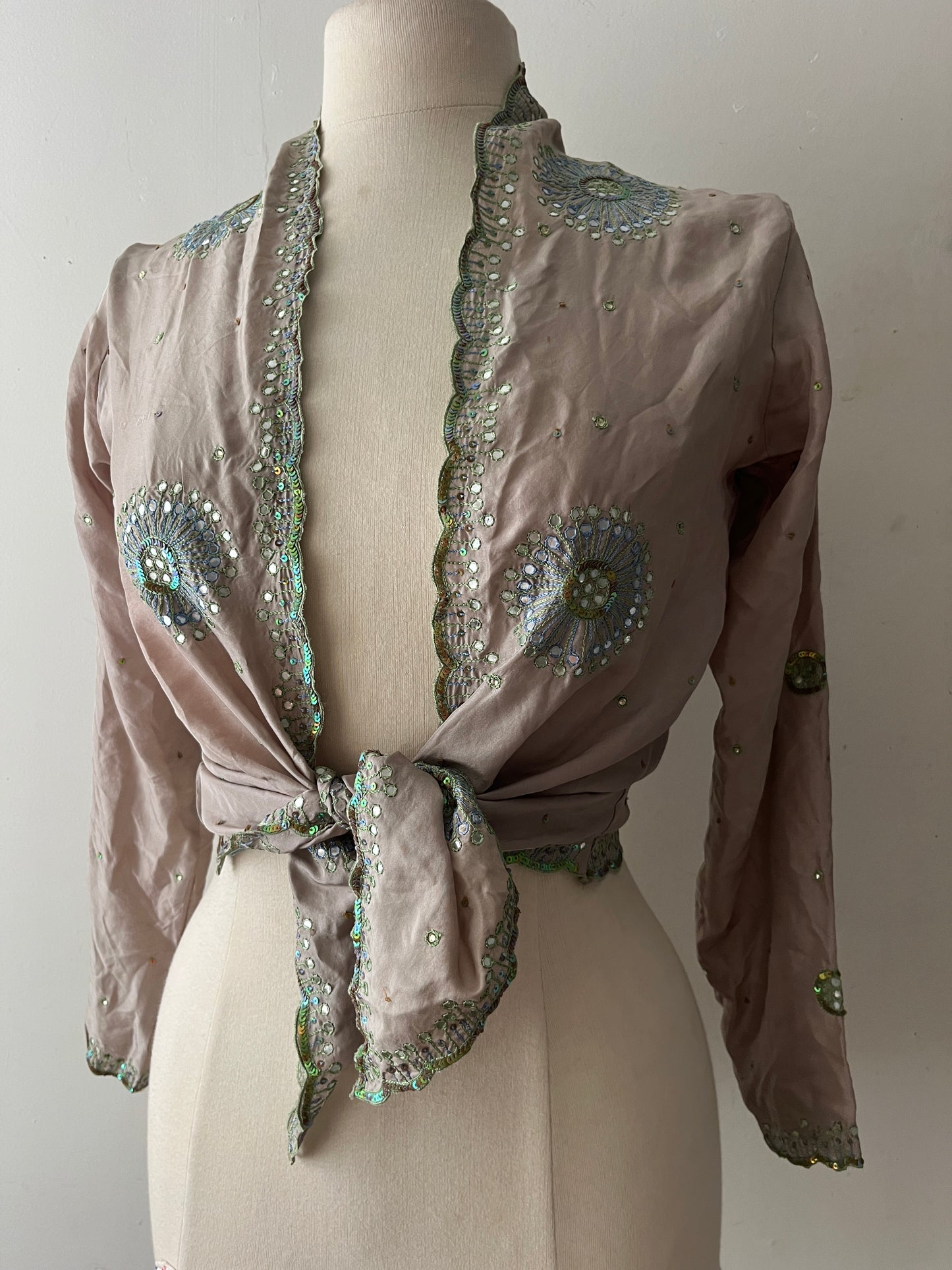 Silk Gray Taupe Mirror Embroidered Wrap Top| S/M