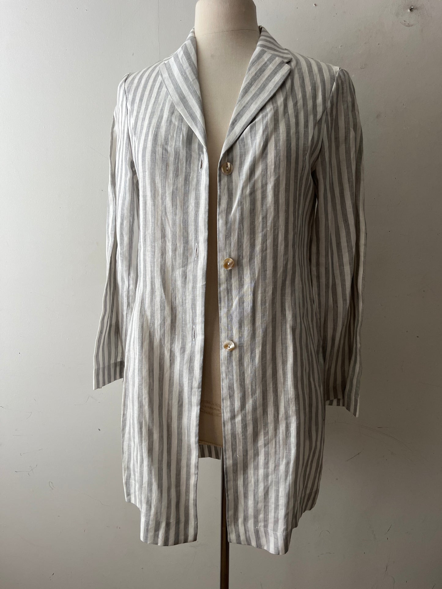 Tara Jarmon Y2K Grey White Striped Linen Long Blazer| S/M