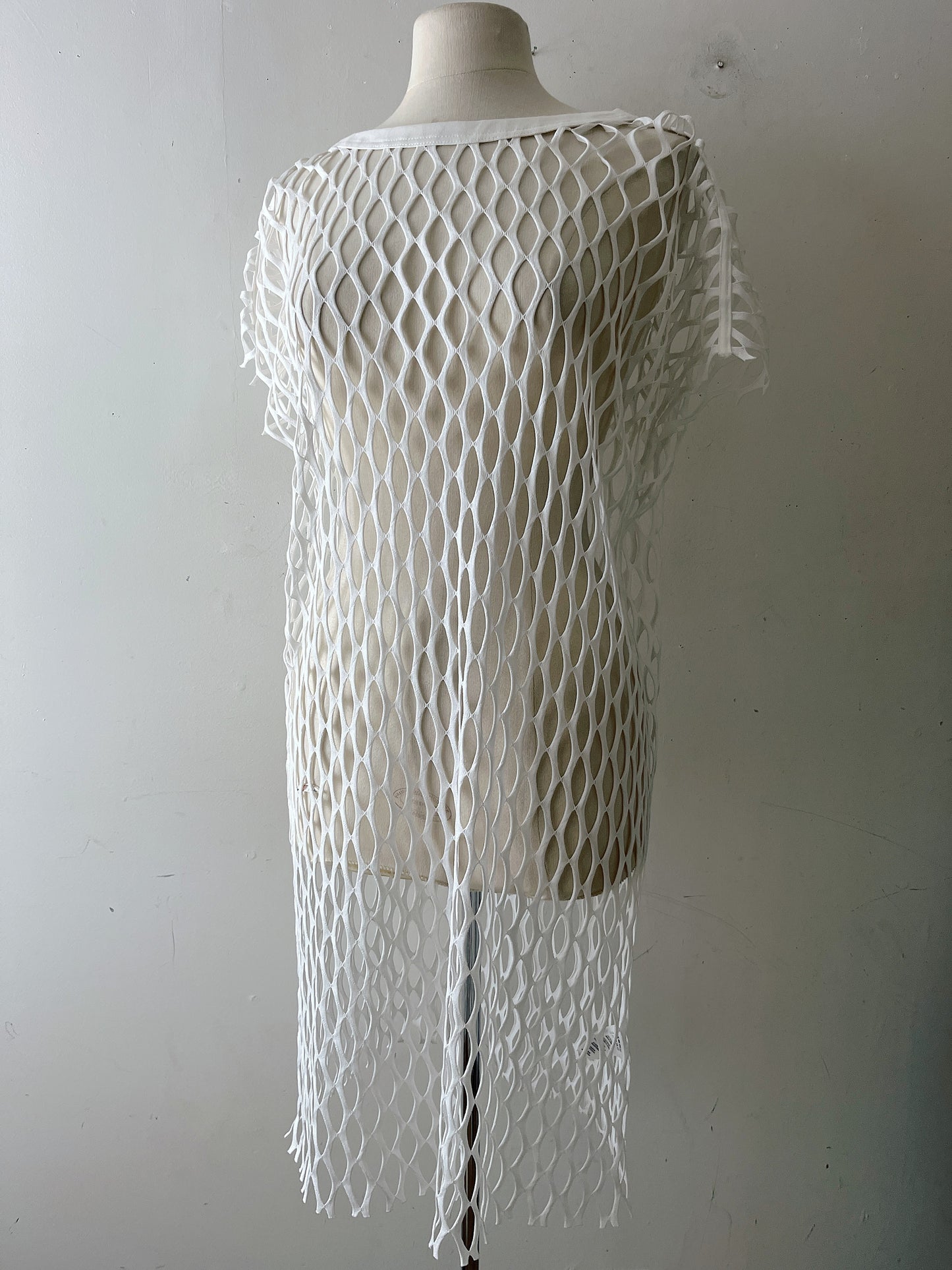 Dries Van Noten Ivory Fishnet Lattice Cutout Dress| Multi-size
