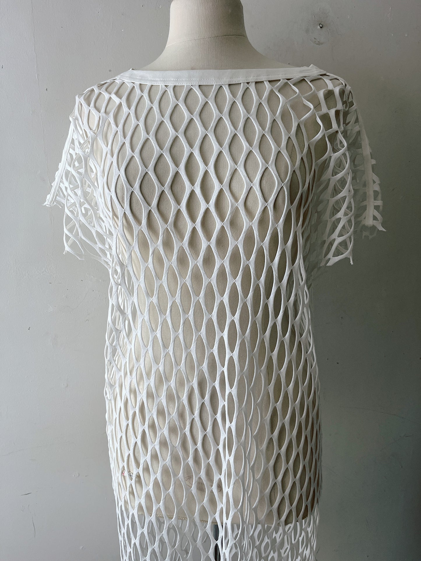 Dries Van Noten Ivory Fishnet Lattice Cutout Dress| Multi-size