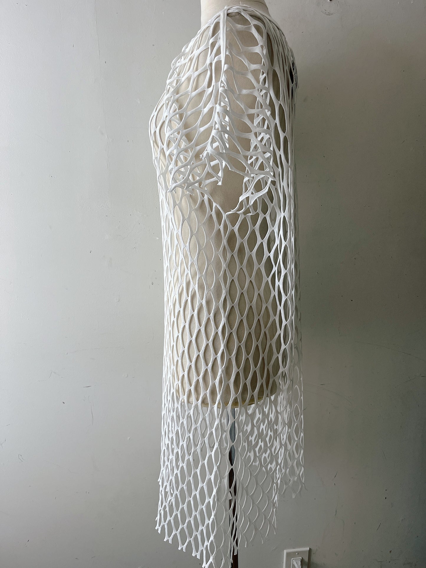 Dries Van Noten Ivory Fishnet Lattice Cutout Dress| Multi-size