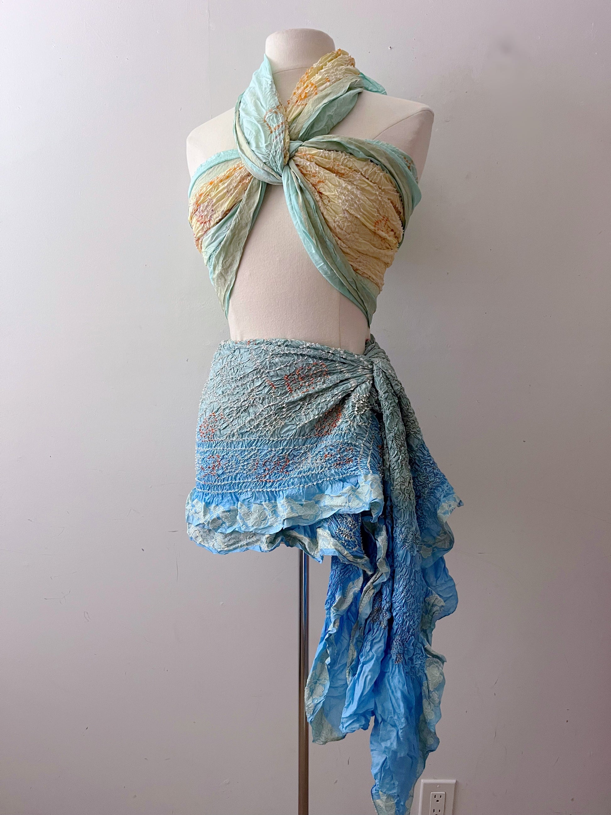 Vintage silk wrap scarf styled as mini dress - 90s India deadstock silk