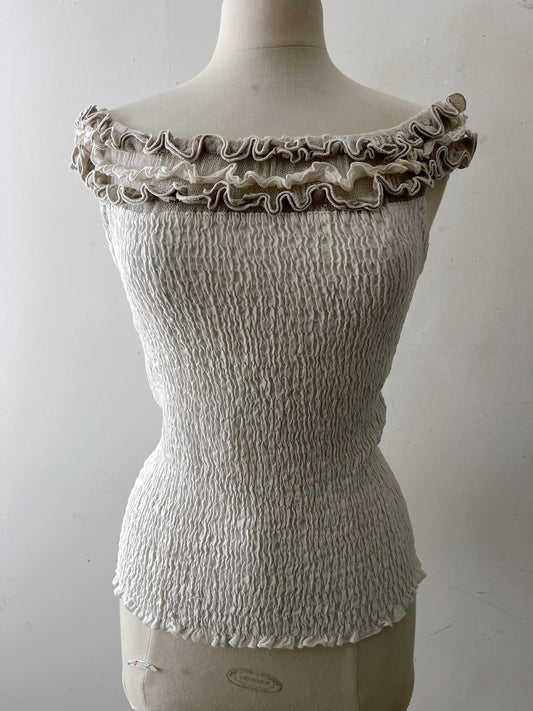 Mastro Moda Cream Linen Smocked Ruffle Top| M/L