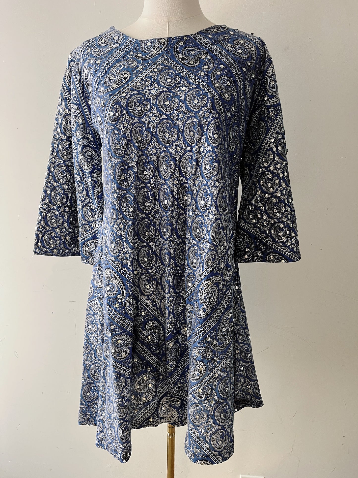 Bandana Paisley Sequin Bell Sleeve Mini Dress| Medium