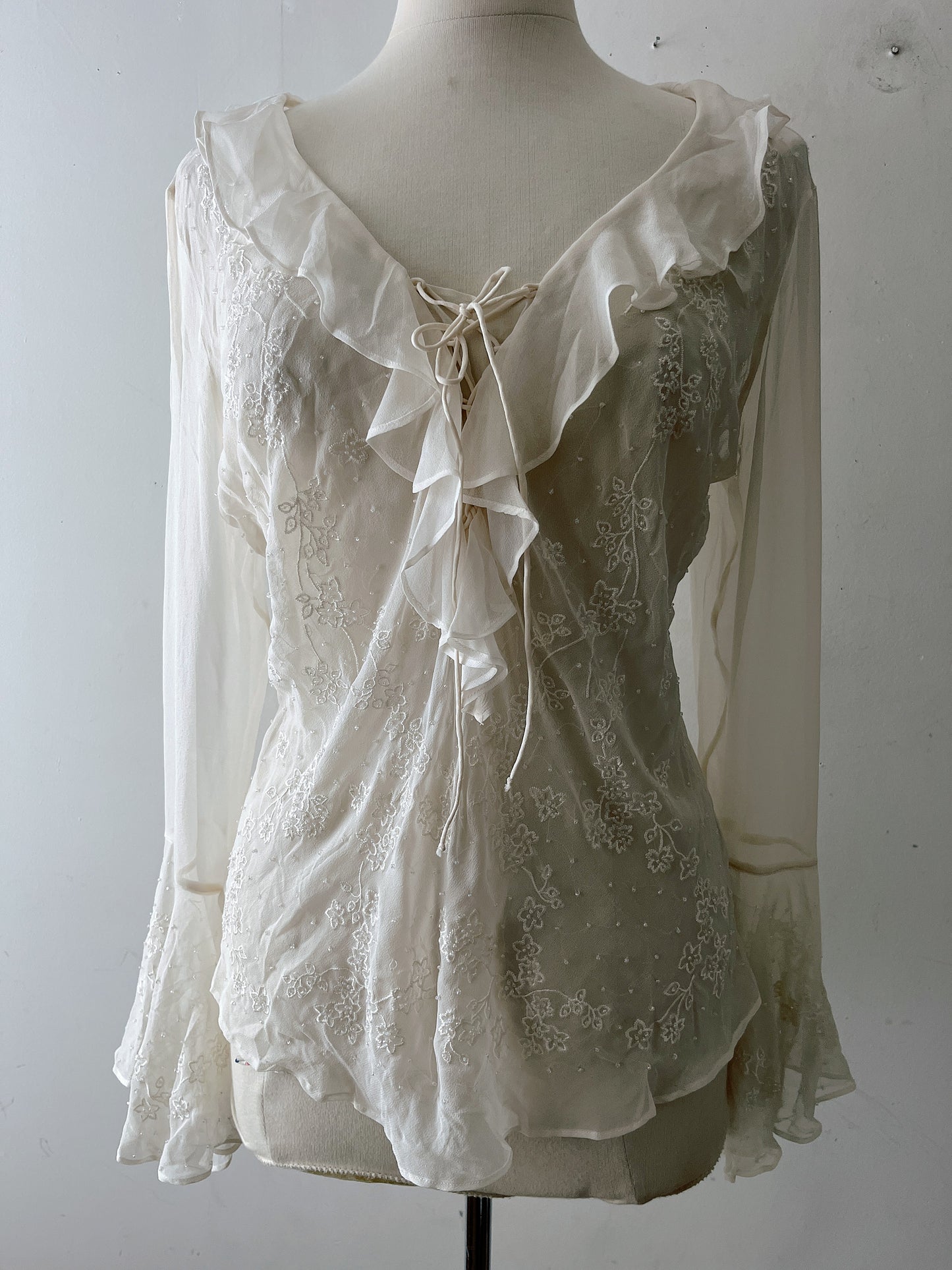 Ice Ivory Silk Beaded Floral Embroidered Cami| M/L