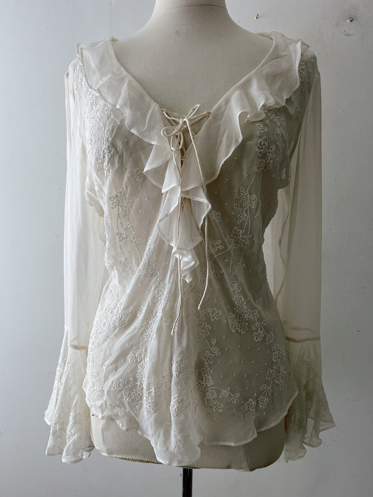 Ice Ivory Silk Beaded Floral Embroidered Cami| M/L