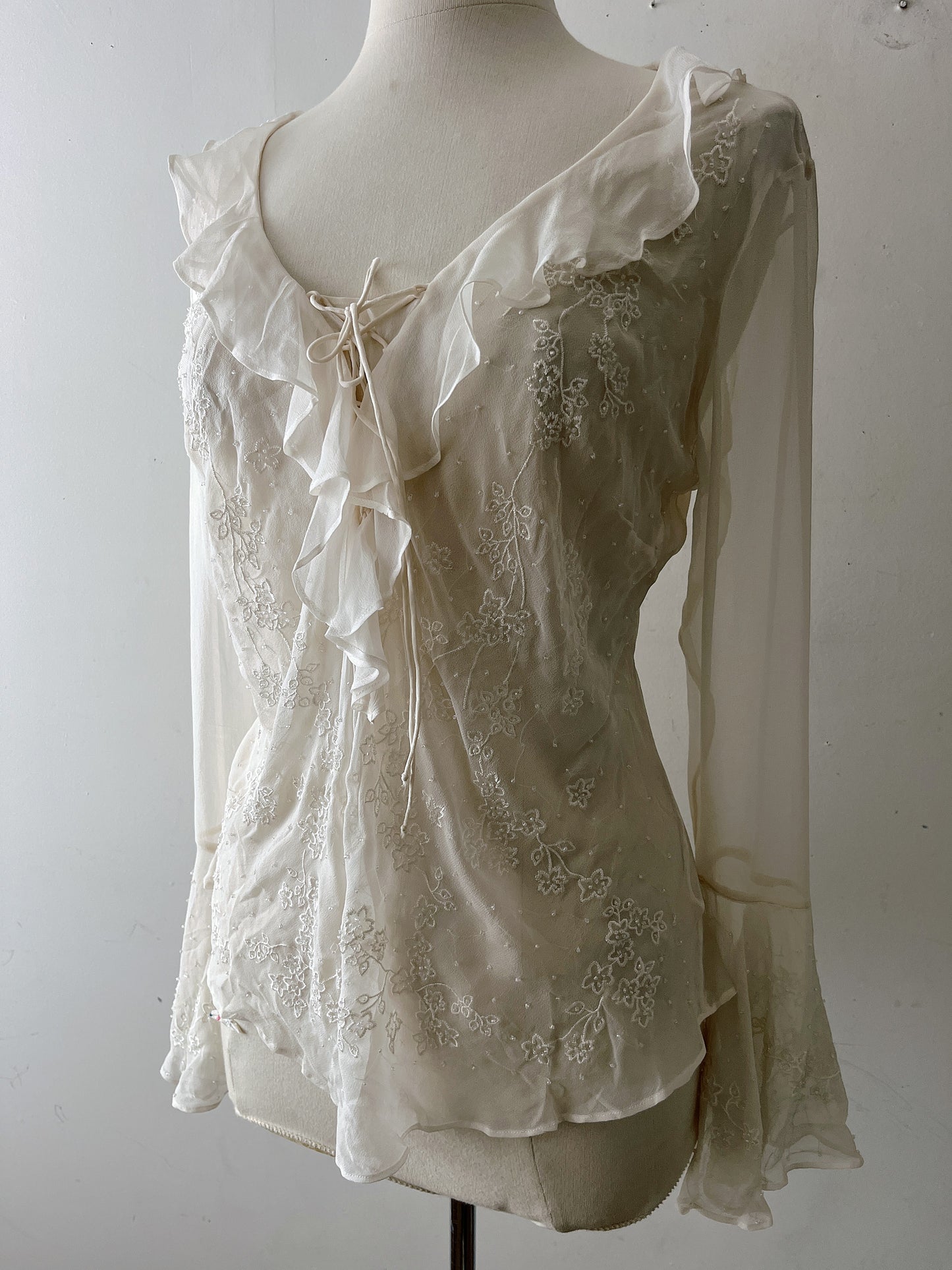 Ice Ivory Silk Beaded Floral Embroidered Cami| M/L