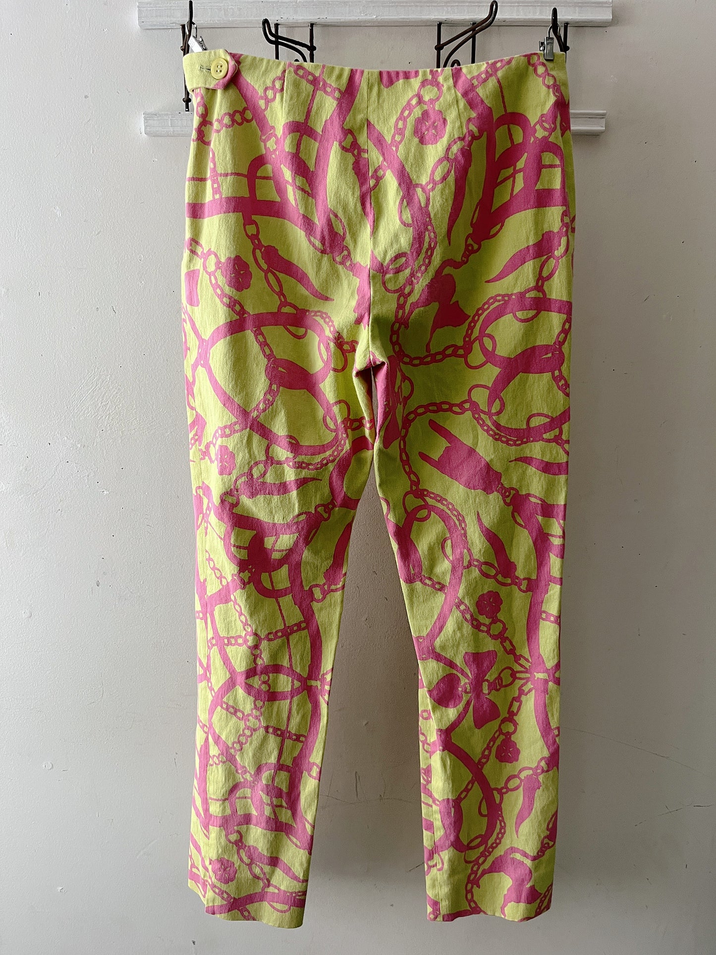 Moschino Pink Lime Chain Print Trousers| Medium