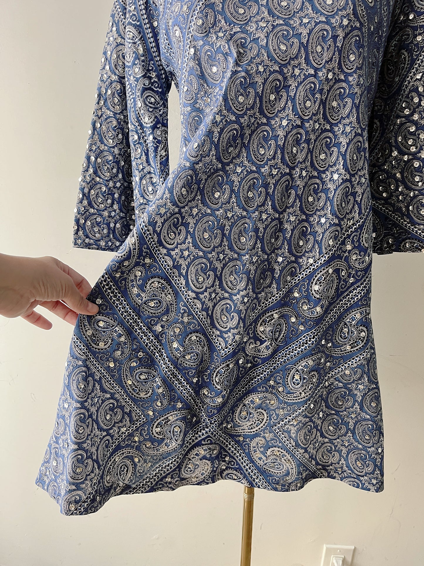 Bandana Paisley Sequin Bell Sleeve Mini Dress| Medium