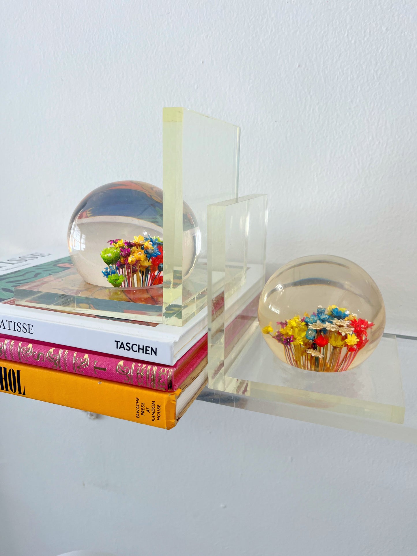 Lucite Floral Orb Bookends