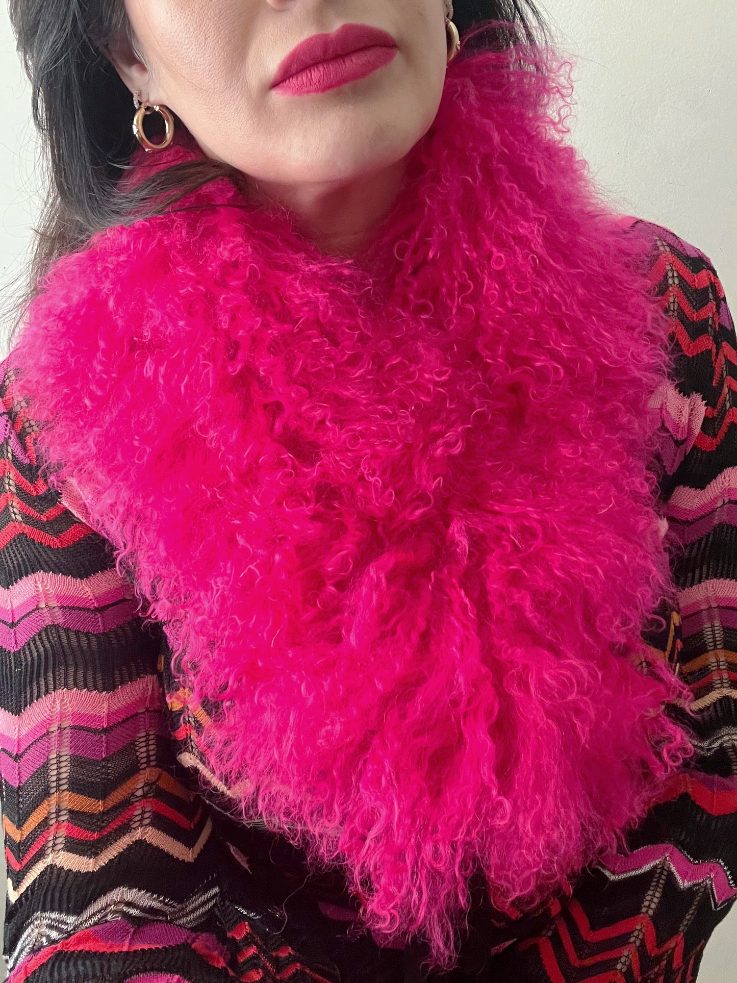 Mongolian Fur Collar Scarf| Hot Pink