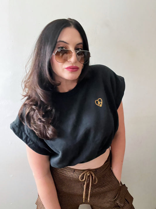 Embroidered Modern Crew Sweat Top Black & Old Gold| One Size