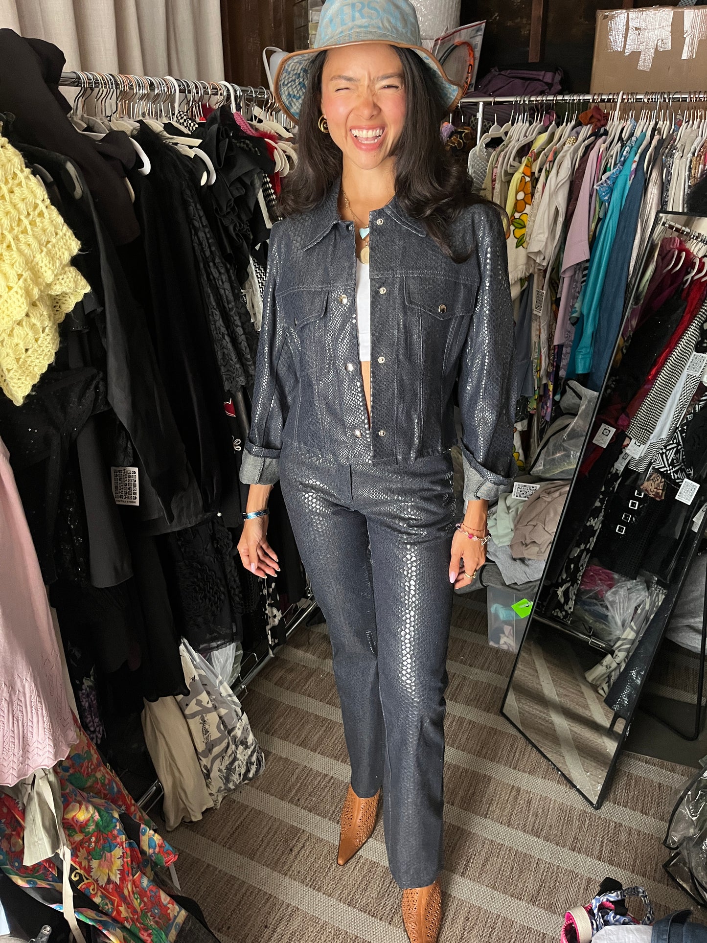 Coated Denim Snakeskin Jacket & Pant Set| Small