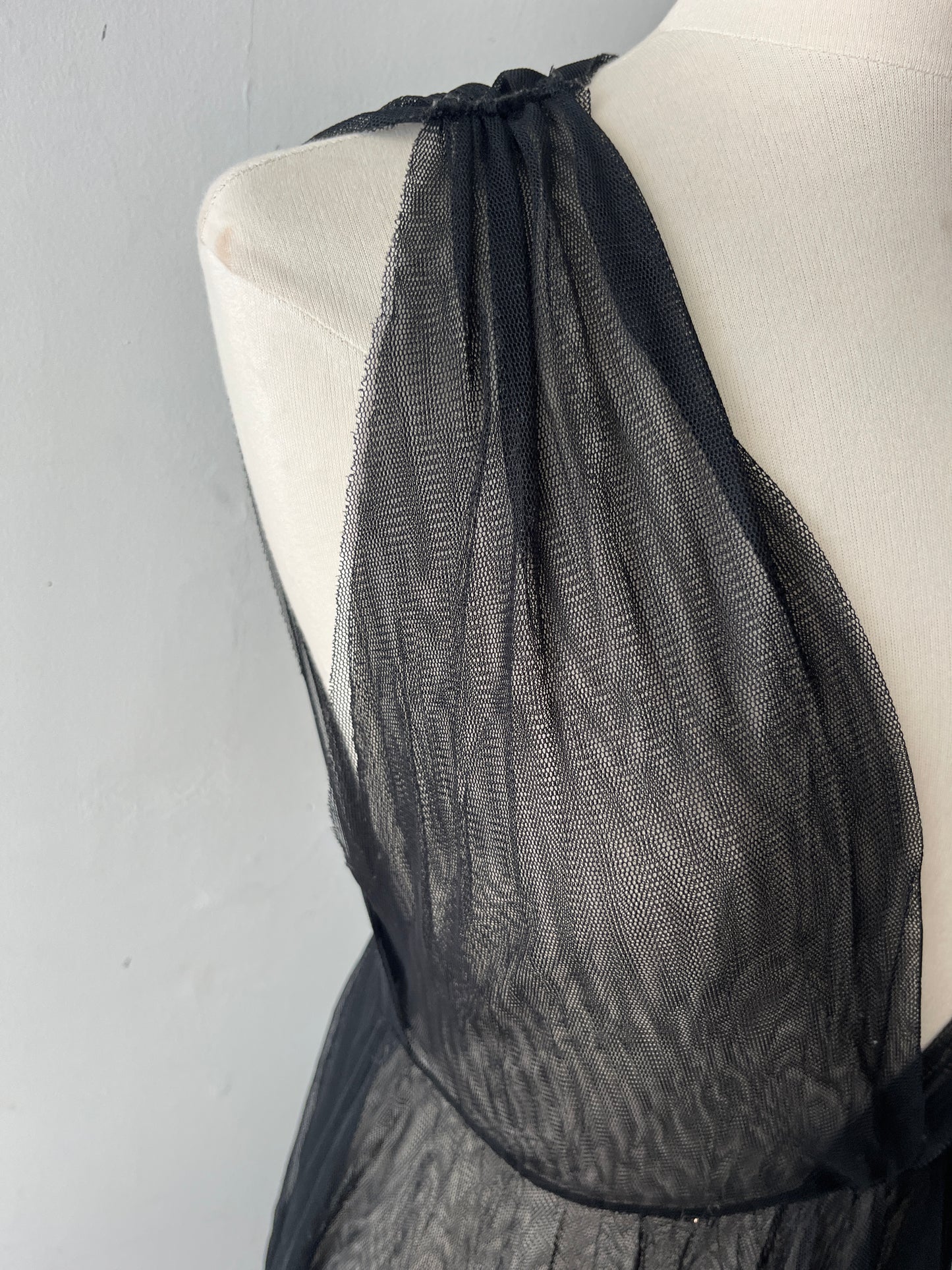 Rozae Nichols Black Sheer Pleated Tulle Surplice Dress| S/M
