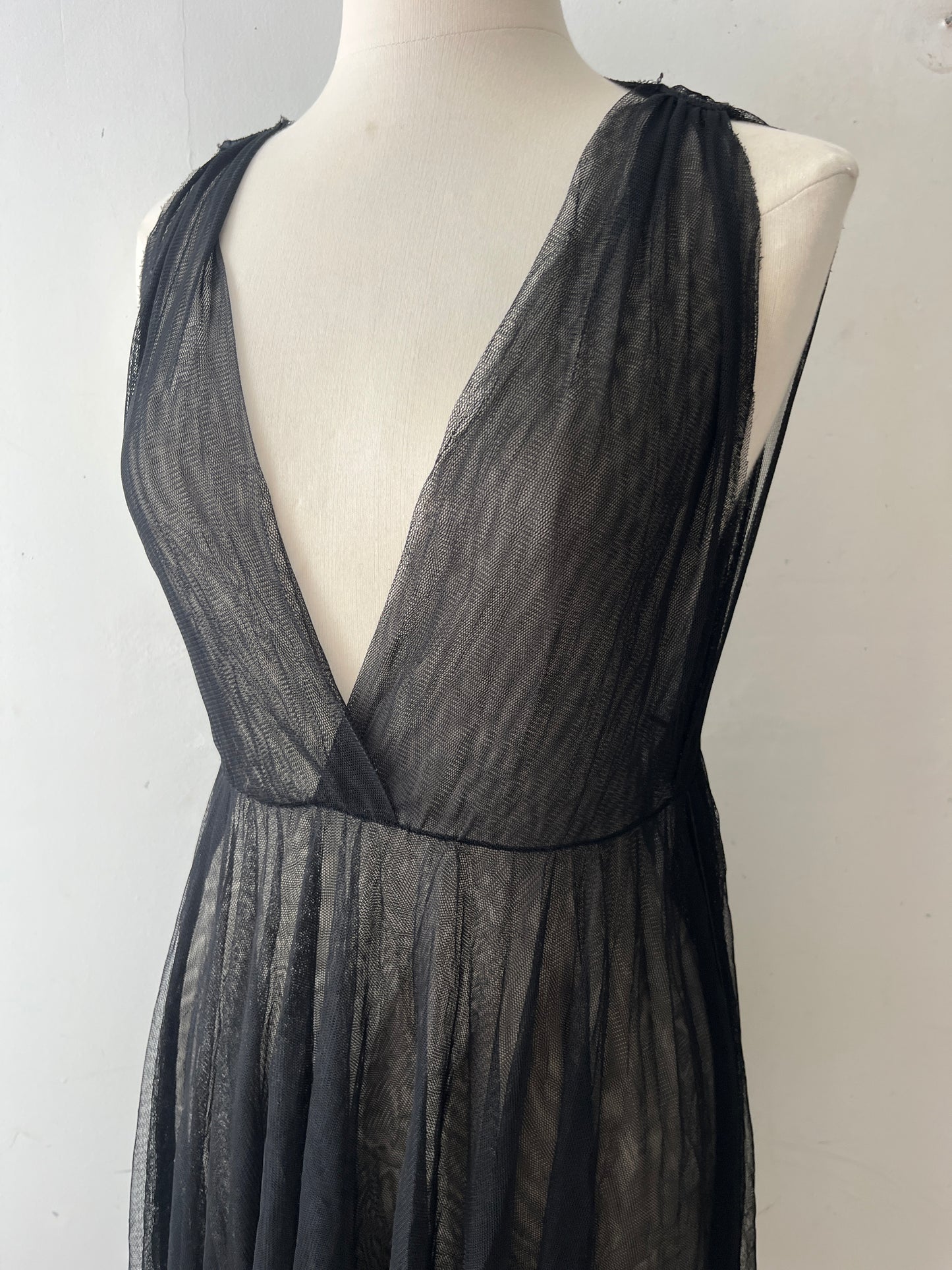 Rozae Nichols Black Sheer Pleated Tulle Surplice Dress| S/M