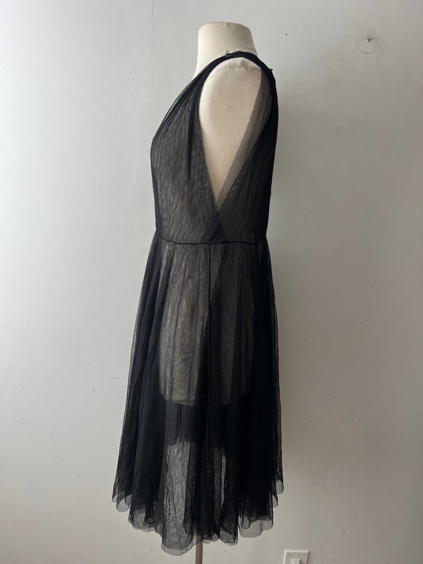 Rozae Nichols Black Sheer Pleated Tulle Surplice Dress| S/M
