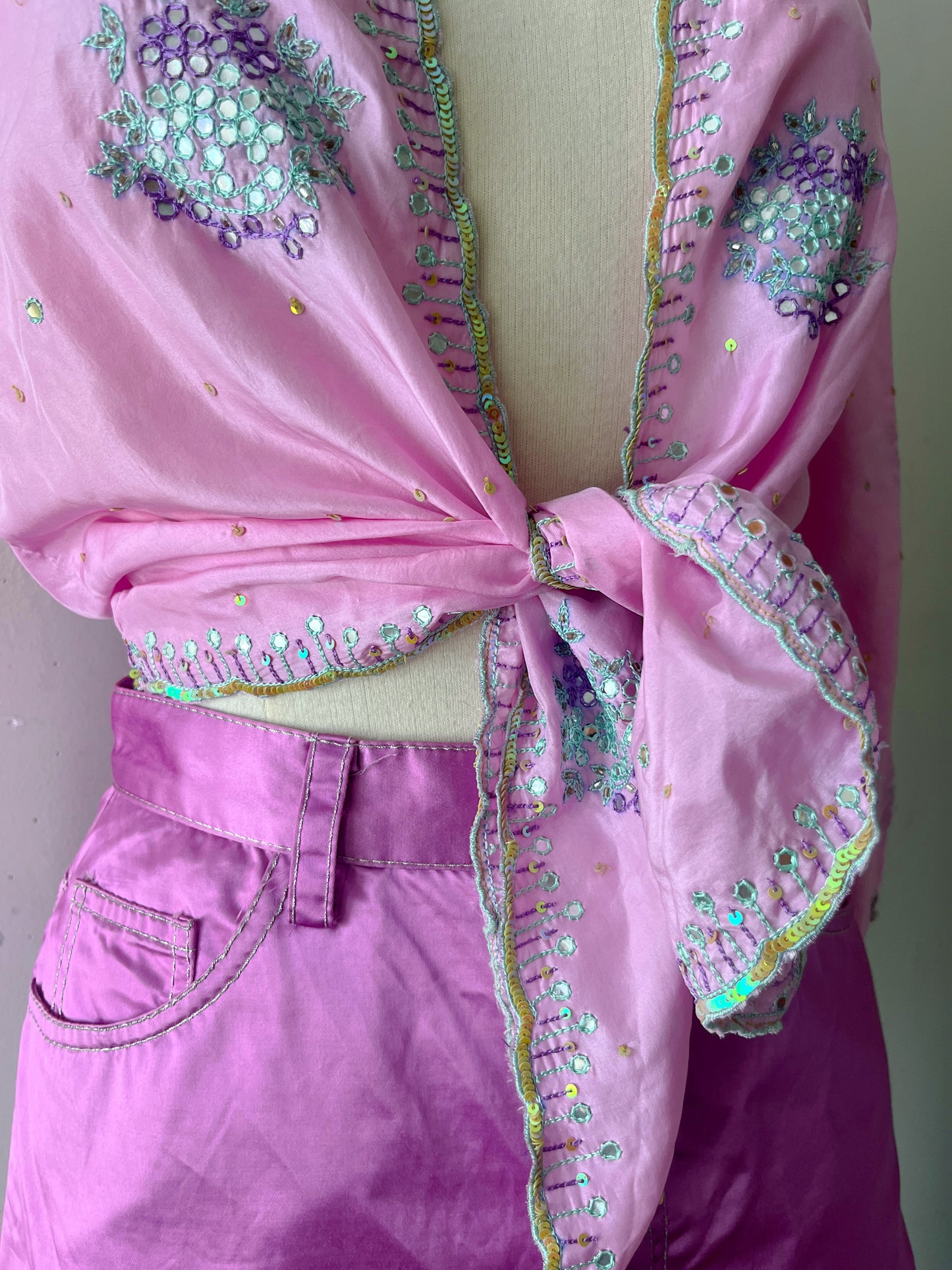 Cool Pink Silk Mirror Embroidered Wrap Top| S/M