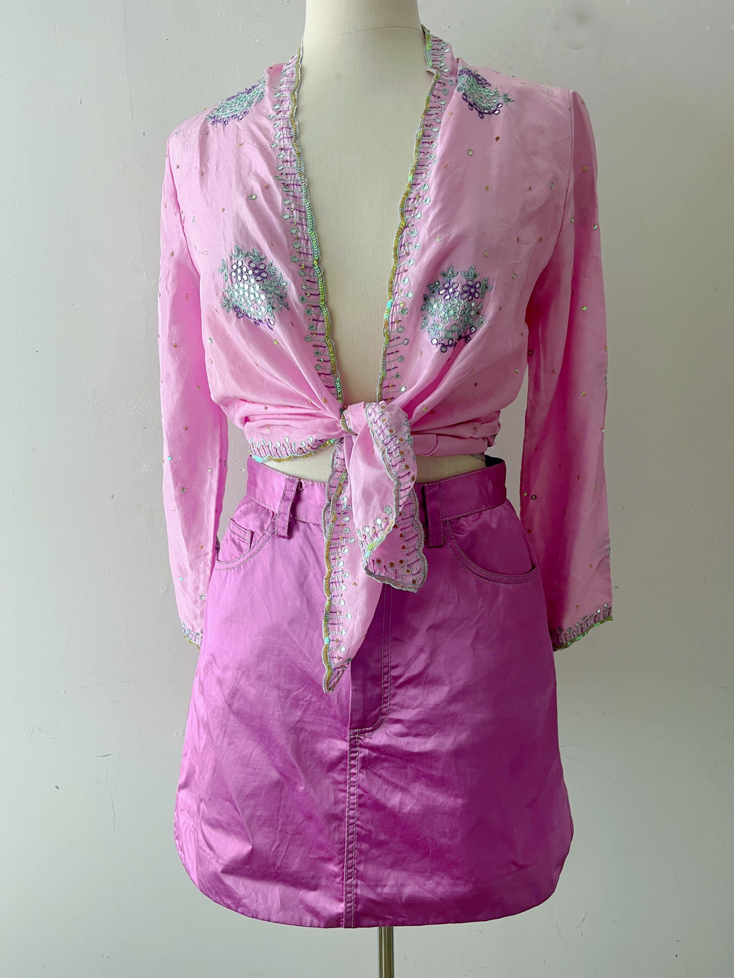 Cool Pink Silk Mirror Embroidered Wrap Top| S/M