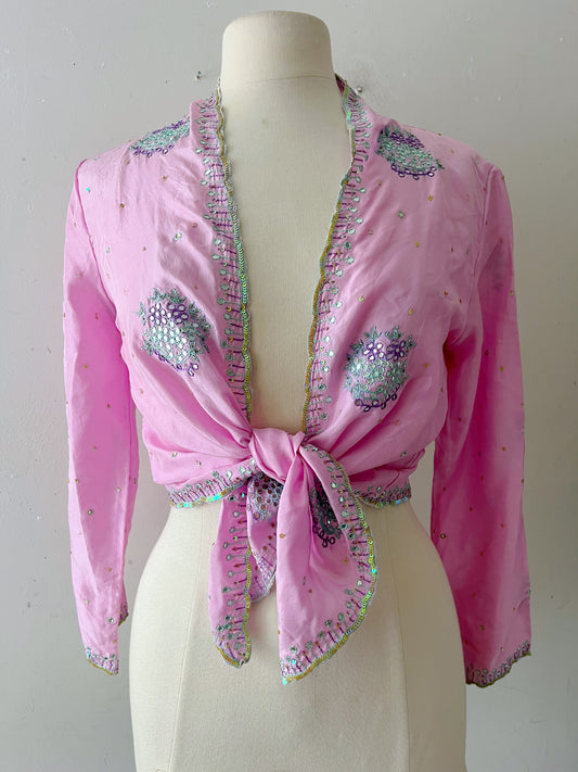 Cool Pink Silk Mirror Embroidered Wrap Top| S/M